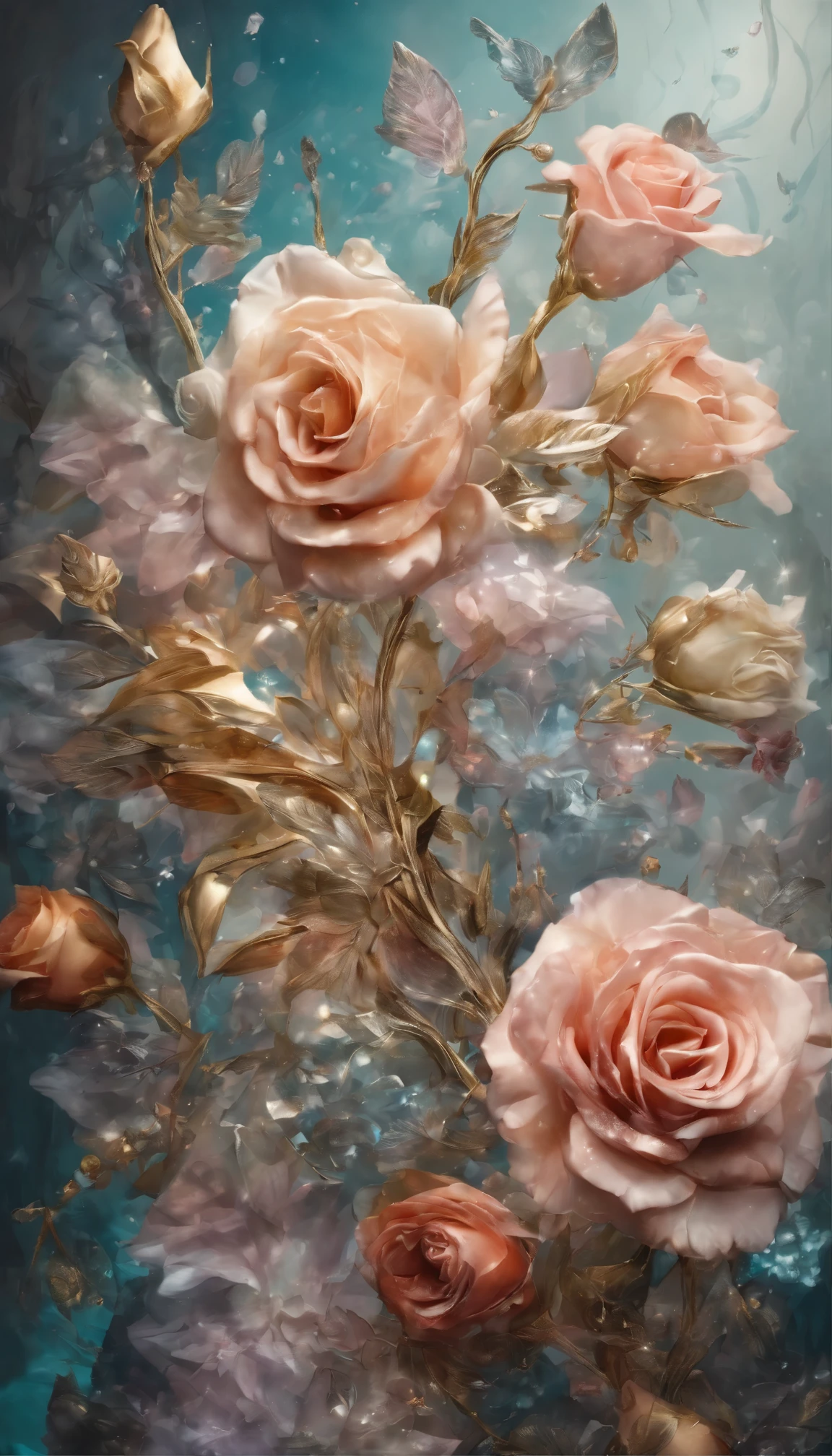All expressed with colorfull jewels, the arrival of spring, various beautiful roses, angles looking up from below, various jewels falling from the sky, wonderful and beautiful superb view, slightly hazy, fantastic, high resolution, 8K, (best quality, highres, realistic:1.37), shiny metallic flowers, intricate and delicate petals, reflective surfaces, vibrant colors, intricate details, close-up view, surreal garden, surreal beauty, dreamy atmosphere, fine art, abstract botanicals, metallic sculpture, contrasting textures, ethereal glow