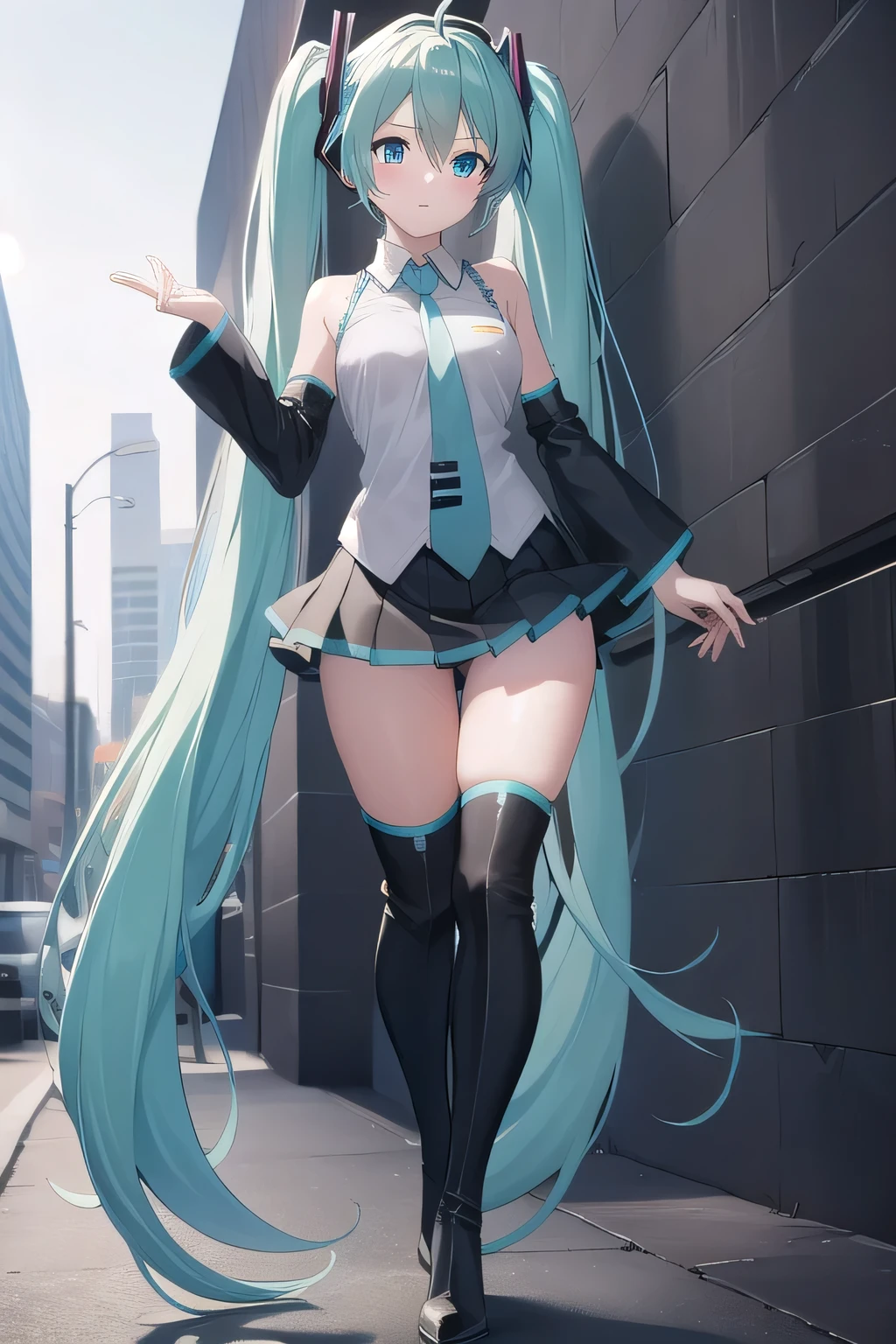 hatsunemiku, miku hatsune, ahoge, aqua eyes, aqua hair, crossed bangs, hair between eyes, hair ornament, headphones, long hair, twintails, BREAK aqua necktie, black footwear, black skirt, black sleeves, boots, collared shirt, detached sleeves, grey shirt, necktie, pleated skirt, shirt, skirt, sleeveless, sleeveless shirt, thigh boots, tie clip, BREAK looking at viewer, BREAK outdoors, city, BREAK (masterpiece:1.2), best quality, high resolution, unity 8k wallpaper, (illustration:0.8), (beautiful detailed eyes:1.6), extremely detailed face, perfect lighting, extremely detailed CG, (perfect hands, perfect anatomy),with big ass and tits spreading her ass until you can see her anus on the camera