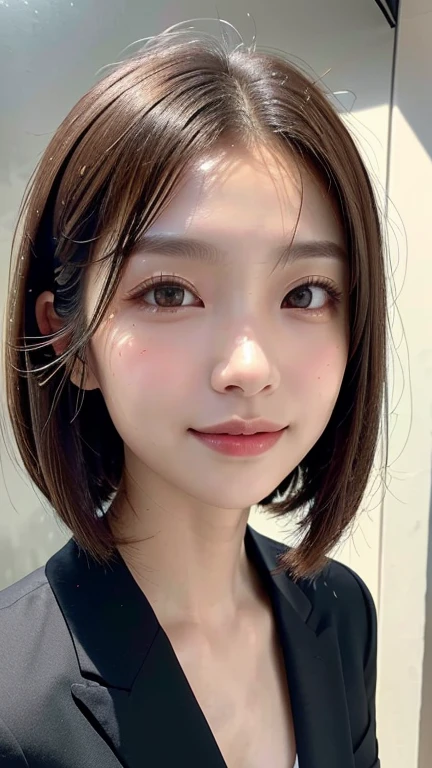 (((Close-up of face)))、(((Absolutely shoulder-length brown straight short bob)))、(((She is posing like a hair salon model, with a black wall indoors as the background.)))、(((business suit)))、Half Japanese, half Korean、18 year old girl、Standing Alone、Looking forward、Light eye makeup、Brown Hair Color、Flat and 、Hair blowing in the wind、Actress Quality、Glossy, ultra-realistic face、Smiling face、Watery eyes、Gazing Up、Subtle lighting effects、 Ultra-Realistic Capture、Very detailed、High resolution 16K close up of human skin。Skin texture must be natural、The details must be such that pores can be clearly seen、The skin is healthy、Uniform tone、Use natural light and colors、A worn-out, high-quality photo taken by a model agency's in-house photographer.、smile、(((SIGMA 300 mm F/1.4,1/1000 sec shutter,ISO 400)))