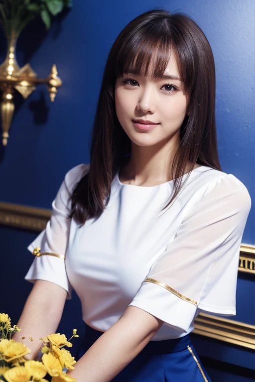 medium view, medium shot, Depth of written boundary, bust, Upper body, cinematic angle, masterpiece, highest quality, Super detailed, cg, 8k wallpaper, beautiful face, delicate eyes, maiden, alone, smile, bangs, skirt, shirt, have, Cobalt blue dress with gold trim, flower background