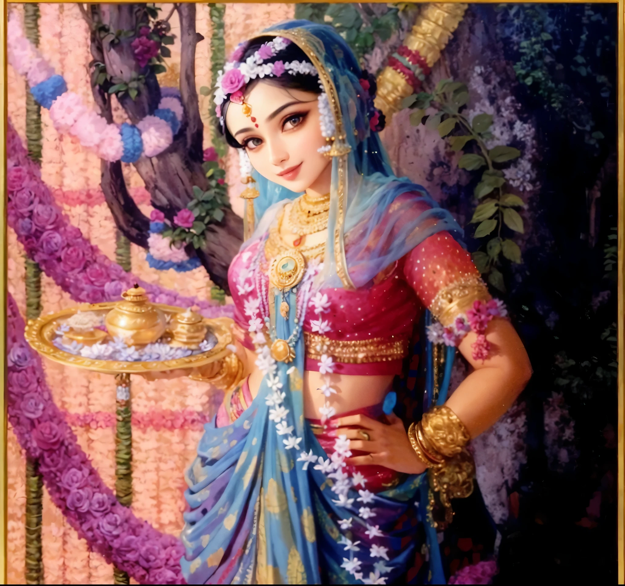 Masterpiece, 8k, Shree Radharani, charismatic face, cute smile, beautiful large lotus eyes, sidelong glance, wearing a blue saree, flower ornaments, holding a golden plate, holding Her hips with another hand, standing in a crooked pose, forest scenery, flower garlands