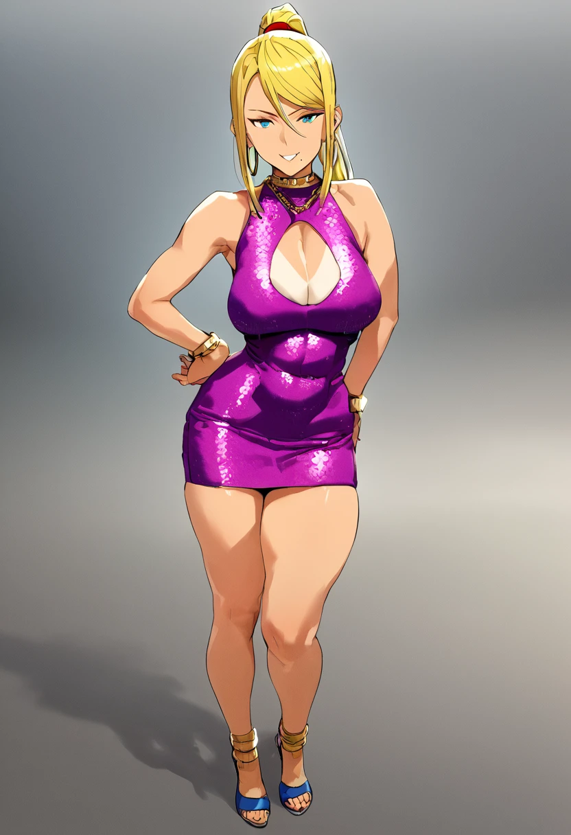 score_9,score_8_up,score_7_up,score_6_up, takeda hiromitsu style,1girl, sole_female, tanned, tanlines, pink bodycon dress, blue bodycon dress, sequins, mini_dress, micro_dress, shiny_clothes, sheer_clothing confident_pose, standing, intricate_face, intricate_eyes, smile, saggy_breasts, slender_waist, curvy_hips, high_heels, gold_bracelets, chain_necklace, hoop_earrings, ankle_bracelets, dynamic_pose, sexy_face, sultry, curvy, skindentation, skin_tight, short_dress milf, mature_female, thick_hips, horny, cleavage_cutout, hip_vent, hip_cutout saggin_breasts, skimpy_outfit, revealing_outfit, sultry_expression, seducing_eyes, bedroom_eyes, seductive, sexy_pose, bend_over, hand_on_hair, showing_armpit, abs, thick_body, Samus_Ara