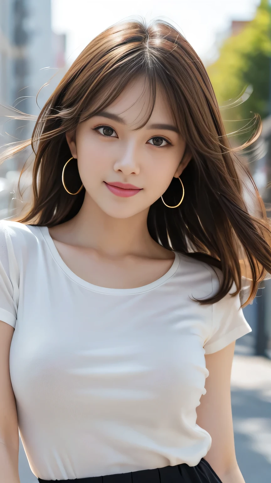 whole body, highest quality, practical, Super detailed, finely, High resolution, 8k wallpaper, One beautiful woman,, Light brown messy hair, Wear a T-shirt,Short skirt, Clear focus, Perfect dynamic composition, Beautiful and delicate eyes, Thinning hair, Detailed practical skin texture, smile, Close-up view, model diagram