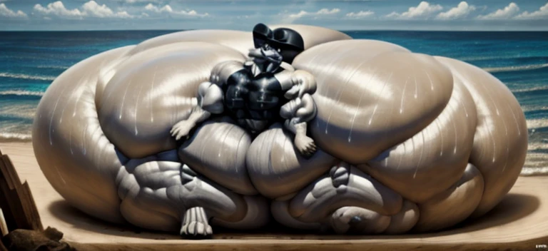 4k, high resolution, best quality, perfect lightning, perfect, solo, anthro, young, boy,white wolf:2.0, furry body, (fluffy mane:1.2), fluffy tail, male, adult, (bulky2:0, thick muscles2:0, huge muscles:2.0, hyper muscles:2.0), (thick biceps, veiny biceps, broad shoulders:2.0), (thick legs, thick calves:1.1), (digitigrade legs, 4 toes:1.2), perfect colors, (photorealistic fur, detailed fur, epic, masterpiece), (suggestive posing:1.2), (seductive smile, lustful grin 1.3), detailed beach,detailed wolf eyes:2.0, by k0suna, by darkgem,nipple ring,hyper arms:2.0,veins,white body,white fur,hyper butt:2.0,hyper paws:2.0,standing,thick legs,thick butts:2.0,sweat body:2.0,massive butt:2.0,black hat,hyper ass:2.0,huge ass,long legs,juicy butt:2.0,butt like a wide wall,fat butt