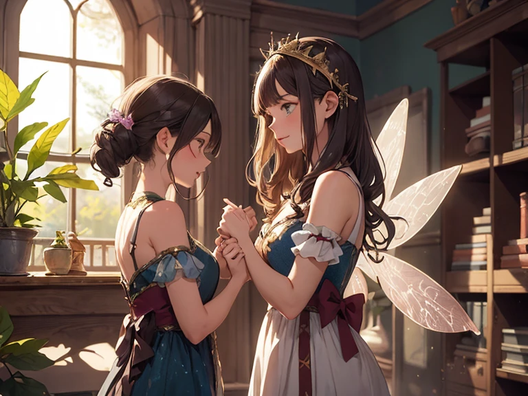 ((best quality)), ((masterpiece)), (detailed), ten fairies forgiving a female brunette fairy. they are wearing traditional fairy clothes