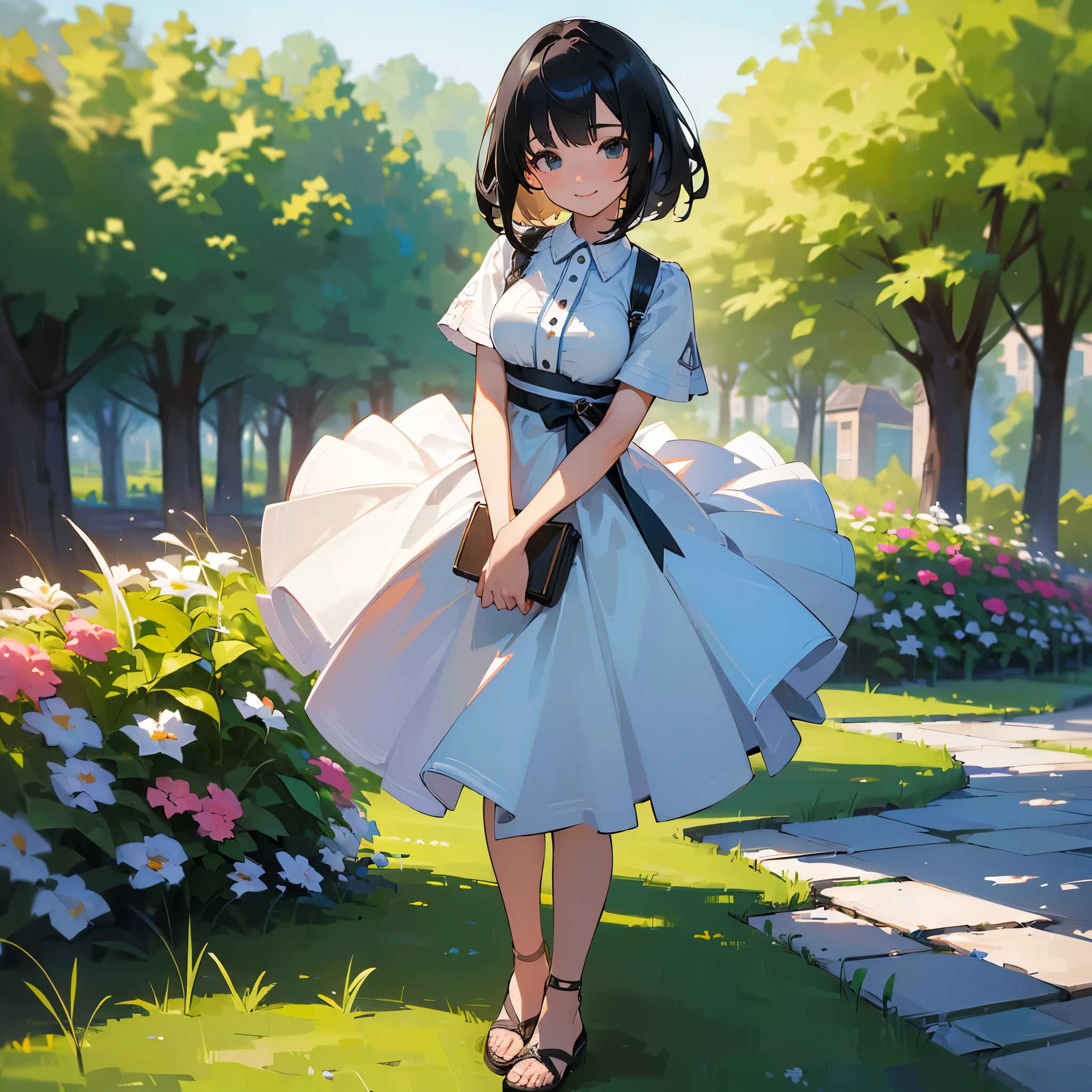 (high quality, High resolution, Very detailed, reality:1.37), Peaceful atmosphere, (Outdoor, garden), age girl standing alone, (my breasts are big.), Beautiful details, Cute Smile, (Black bob hair), White short-sleeved dress, Sandals.