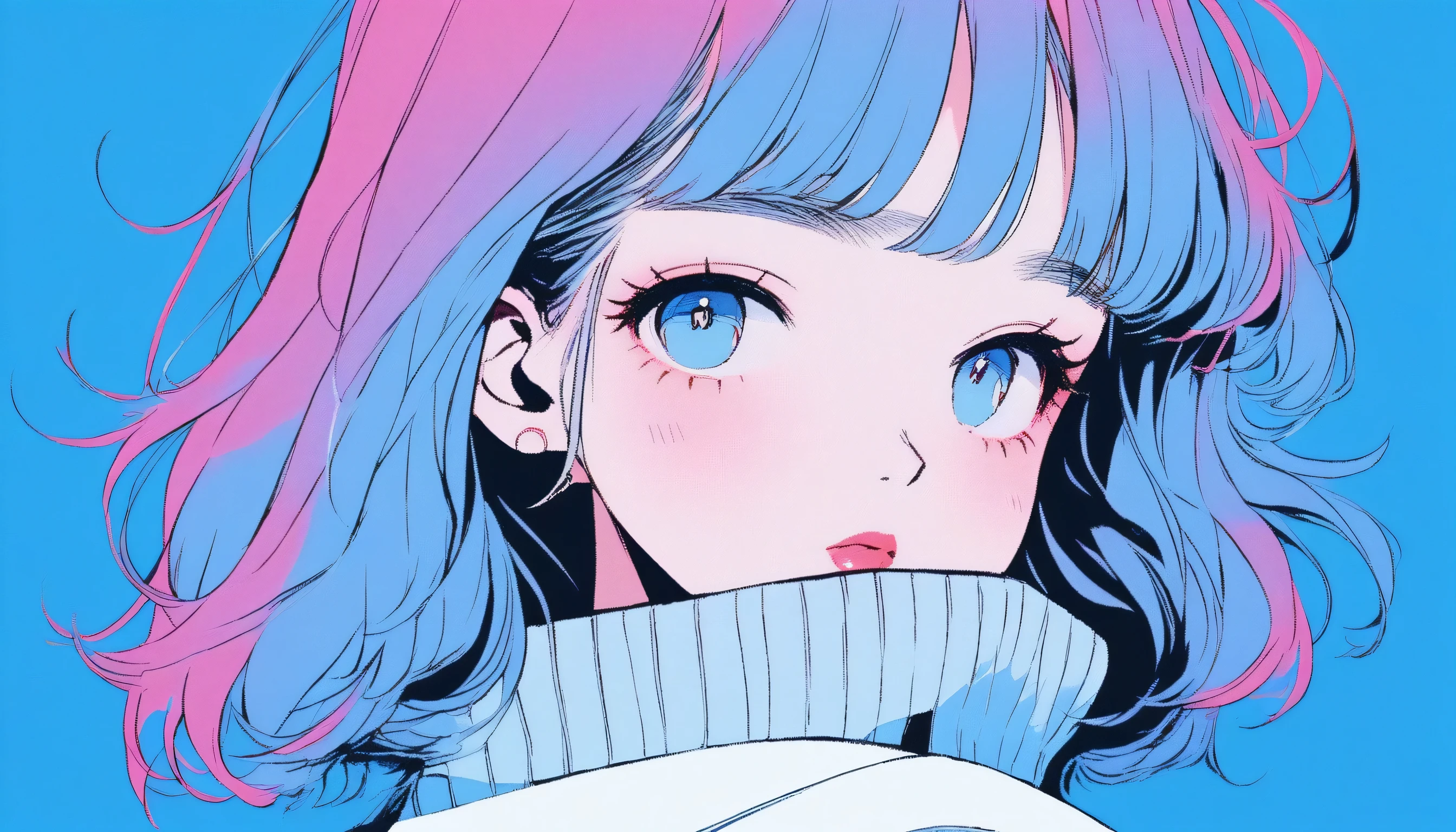 ilustrador, Japanese cartoons , Practical ,sketch , 1 girl, ,lips, sweater,Order, Blue gradient background, Neon hair,Textured trim, Canada, (masterpiece,best quality) ganyou