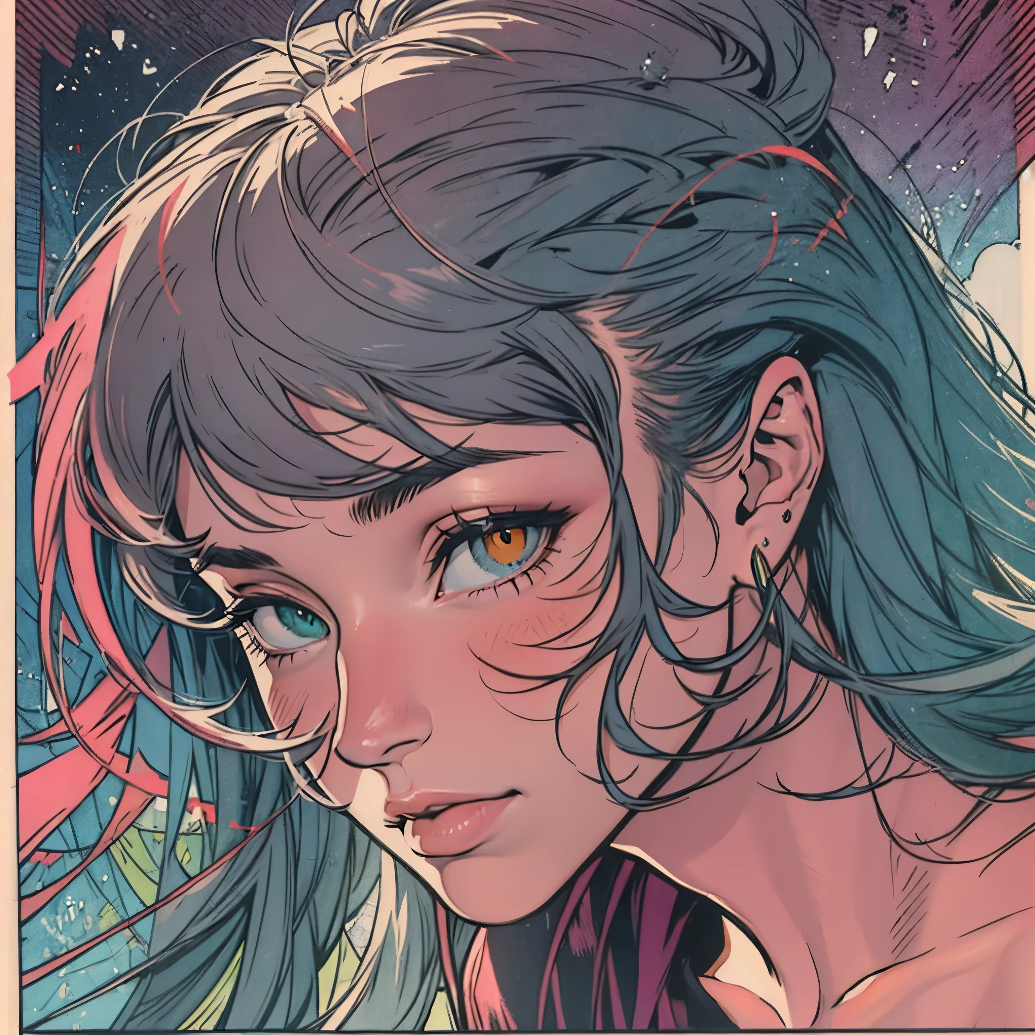ultimate best quality,beautiful woman,speech bubble,big brest,60s,70s,80s,colorful,((Heterochromia)),various angle,Geometric,