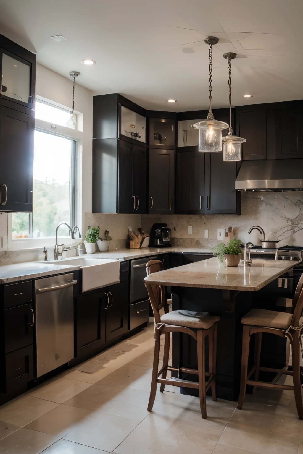 Design the lighting and cabinets in a kitchen with an L-shaped counter and a black center island with a stove. The kitchen has no windows to the outside and is at the end of the house, contigua al comedor. Hay una columna en la entrada de la cocina pegada a uno de los lados de la isla.