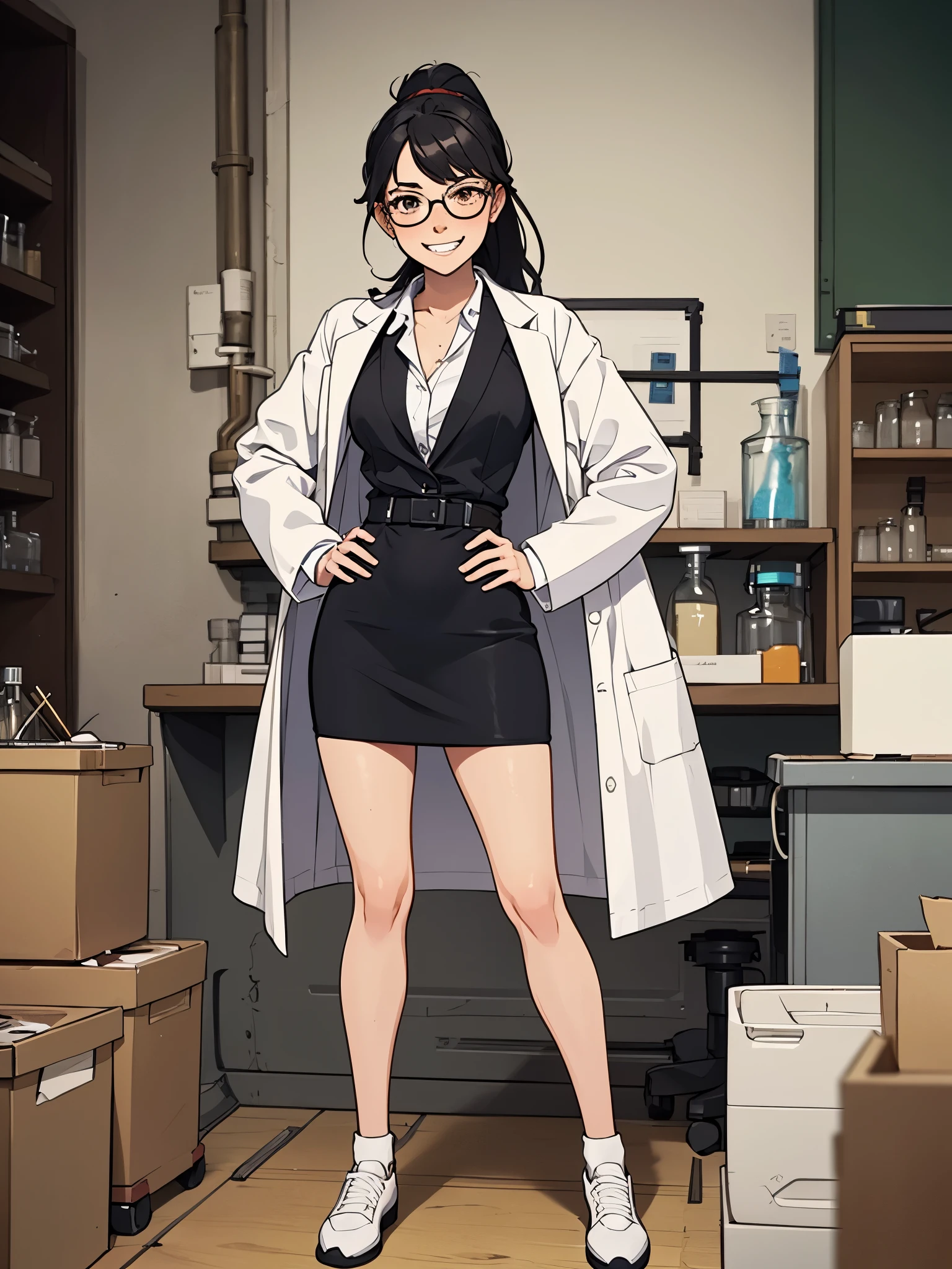 1girl, solo, scientist, mad scientist, white lab coat, pencil skirt, shoes, dress shirt, glasses, black hair, ponytail, long hair, hazel eyes, freckles, scheming pose, professional, laboratory backdrop, cowboy shot, bunker, evil grin, full body costume design