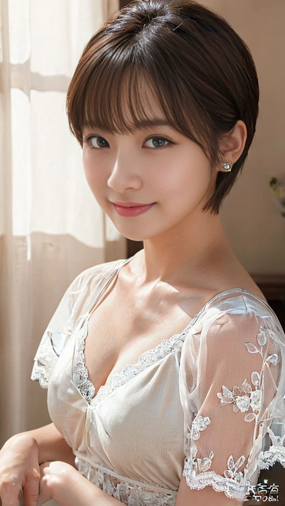 (photorealistic:1.5), [NSFW:1.1], A mesmerizing close-up of an alluring Japanese girl, featuring intricate and lifelike facial details, particularly her enchanting [symmetrical clear ultra beautiful eyes:1.5] and exquisite lips. (Her face is ultra cute and idol-like:1.5).She wears natural makeup.The girl's expression radiates a natural and youthful charm, emphasized by her long and voluptuous eyelashes. She is ladylike. Adorning her face is a fashionable, Short haircut that shimmers with a gentle sheen. Her flawless complexion resembles delicate porcelain, exuding an aura of graceful perfection. The symmetry and refinement of her facial structure accentuate her inherent beauty.

An illuminating big smile graces her countenance, capturing her cheerful and optimistic spirit. Her body possesses ideal proportions, boasting an ultra-slim and graceful waistline. Delicately slender hands and feet further highlight her elegance. (She is wearing a simple and cool lace transparent camisole:1.2).

The portrait is rendered in a photorealistic style, capturing every detail and evoking a sense of realism. The colors used are vibrant and lifelike, breathing life into the image. Soft and warm lighting envelops the scene, casting a gentle glow on the girl's captivating features. Every detail, from the intricate highlights to the subtle shadows, has been meticulously crafted to enhance the overall realism of the portrait. The level of detail is astonishing, allowing viewers to appreciate the fine nuances and textures of the subject.
