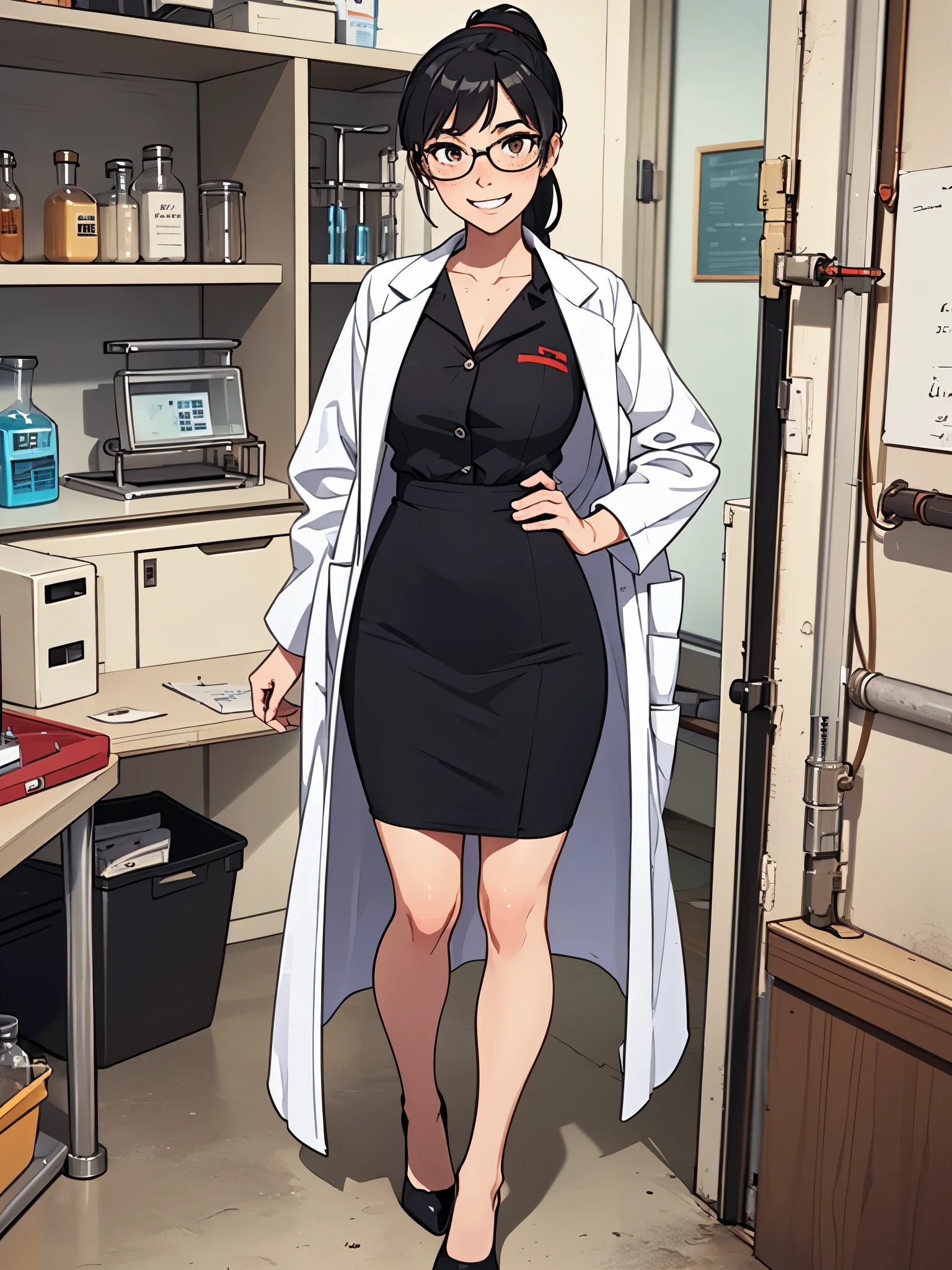 1girl, solo, scientist, mad scientist, white lab coat, pencil skirt, shoes, dress shirt, glasses, black hair, ponytail, long hair, hazel eyes, freckles, scheming pose, professional, laboratory backdrop, cowboy shot, bunker, evil grin, full body costume design