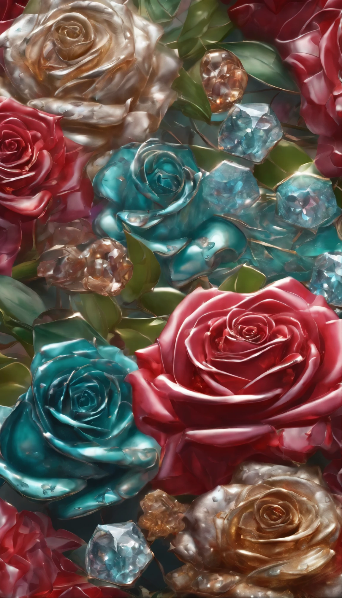 All expressed with colorfull jewels, the arrival of spring, various beautiful red roses made of jewels, angles looking up from below, various jewels falling from the sky, wonderful and beautiful superb view, slightly hazy, fantastic, high resolution, 8K, (best quality, highres, realistic:1.37), shiny metallic flowers, intricate and delicate petals, reflective surfaces, vibrant colors, intricate details, close-up view, surreal garden, surreal beauty, dreamy atmosphere, fine art, abstract botanicals, metallic sculpture, contrasting textures, ethereal glow