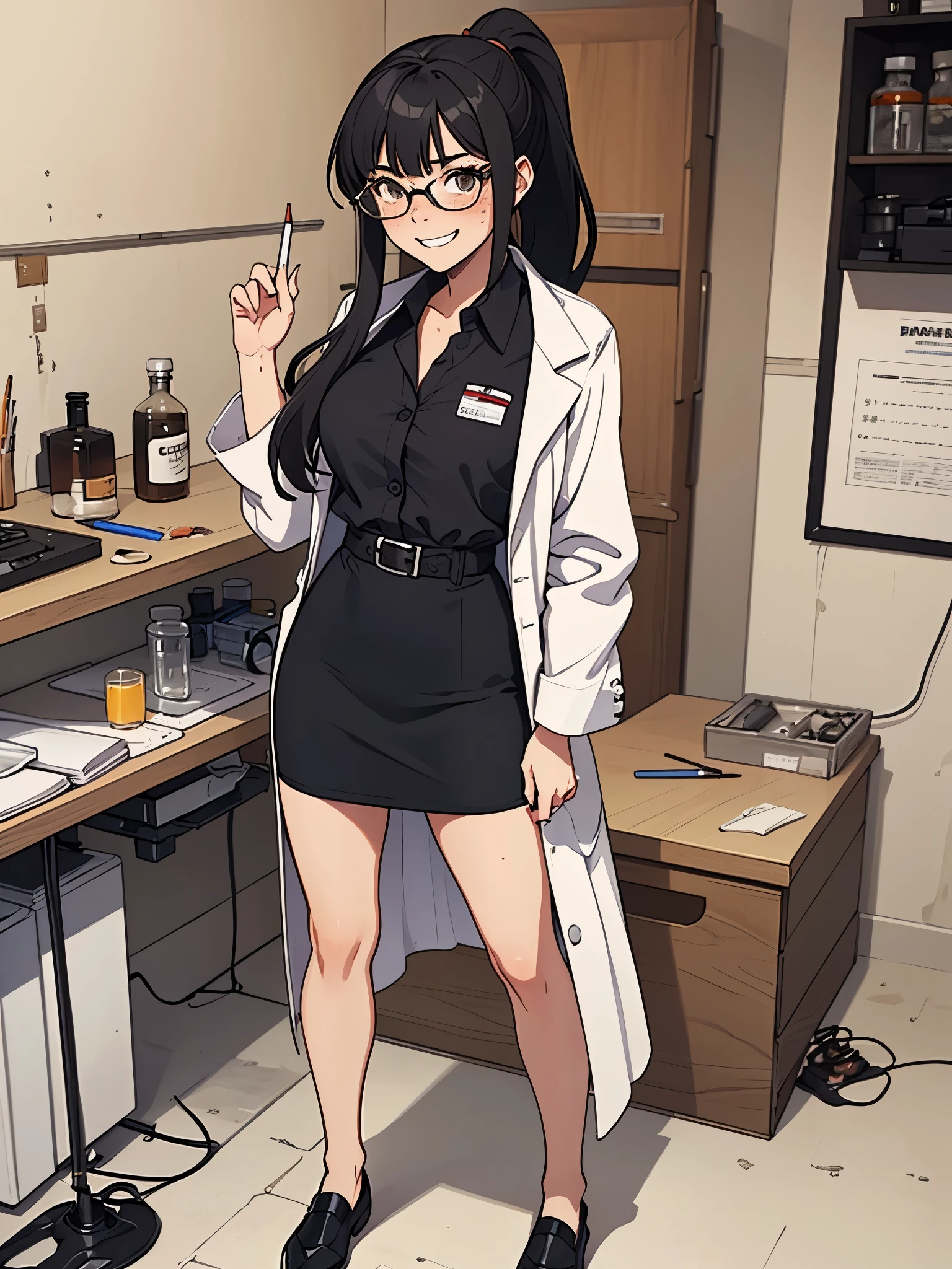 1girl, solo, scientist, mad scientist, white lab coat, pencil skirt, shoes, dress shirt, glasses, black hair, ponytail, long hair, hazel eyes, freckles, scheming pose, professional, laboratory backdrop, cowboy shot, bunker, evil grin, full body costume design
