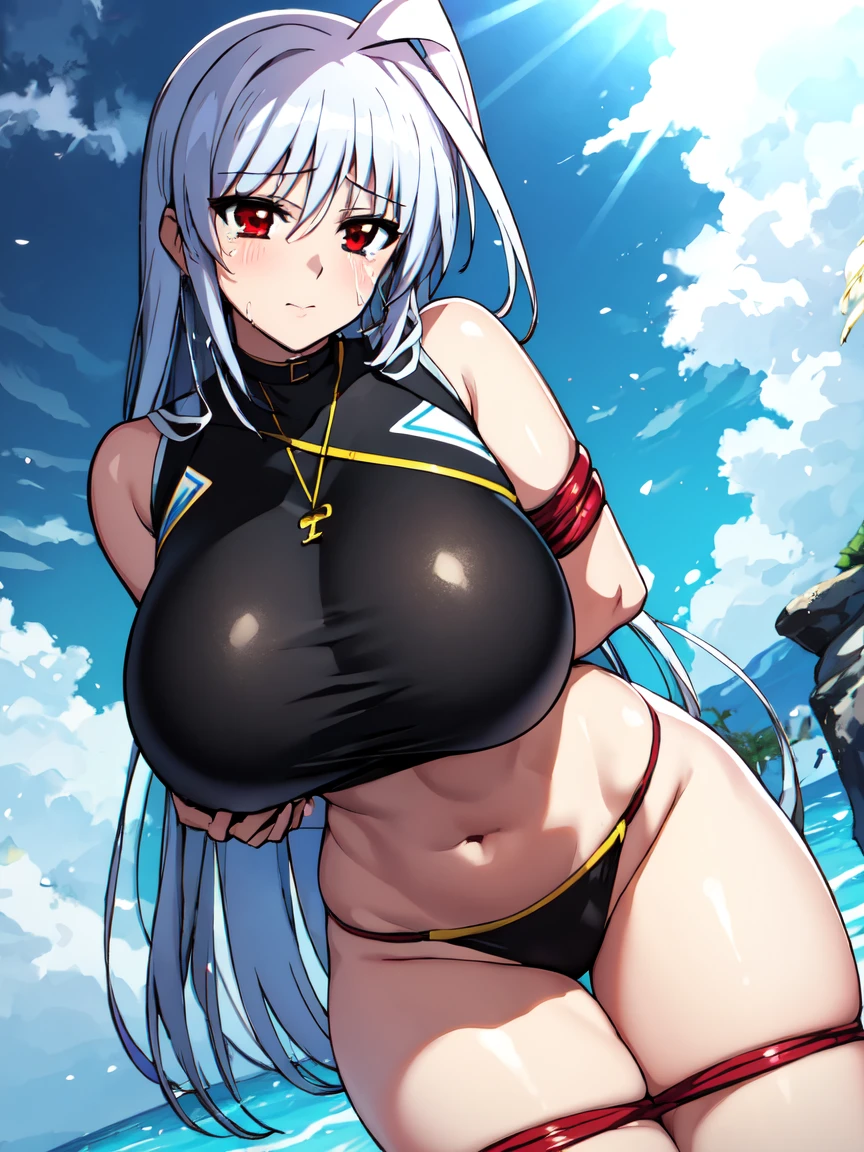 masterpiece,top-quality,reinforce eins,heroine of magical girl lyrical nanoha,1girl,solo,silver hair,long hair, outside splash hair,red eyes,beauty, very huge breasts,narrow waist,bust size is 120cm over,crying,sexy,soaked,seductive anime girl, oppai, biomechanical oppai,oppai proportions,Both hands are tied behind their backs and restrained,show oppai,put both hands behind her back,too much exposure swimsuit,micro bikini,swimsuit only,too much exposure swimsuit,micro bikini,swimsuit only,bust size is 120cm over,bust size is 120cm over,too much exposure swimsuit,micro bikini,swimsuit only,Both hands are tied behind their backs and restrained,show oppai,put both hands behind her back,show oppai,put both hands behind her backvery huge breasts,very huge breasts,bust size is 120cm over,too much exposure swimsuit,micro bikini,swimsuit only,Both hands are tied behind their backs and restrained,show oppai,very huge breasts,bust size is 120cm over,too much exposure swimsuit,micro bikini,swimsuit only,Both hands are tied behind their backs and restrained,show oppai,very huge breasts,where water collects,let your hair down,let your hair down