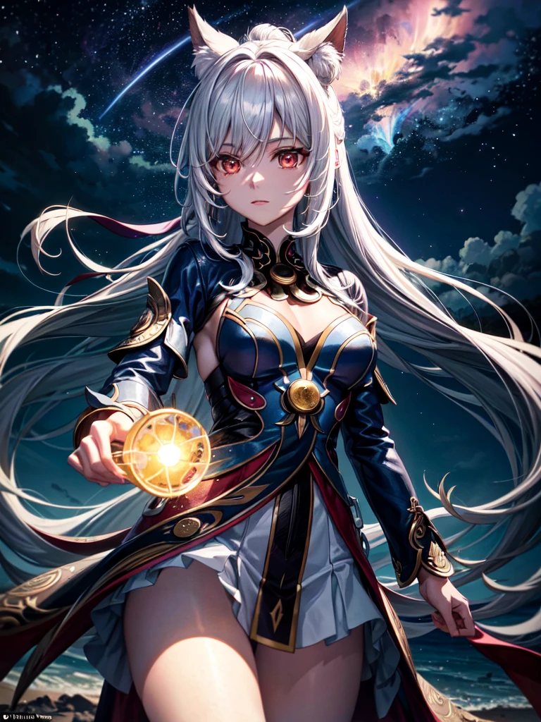 The image shows Nanashi Mumei alone at night in Venezuela, observing the famous phenomenon known as Catatumbo lightning in the distance. She is dressed in a tourist outfit and has a camera to capture the rather wonderful phenomenon. In the picture, lightning can be seen lighting up the night sky as she Nanashi Mumei watches in fascination. The environment is detailed with an impressive recreation of the nocturnal nature of the Zulia state. Everything is animated and the quality is 16k which makes for a stunning and vibrant image.