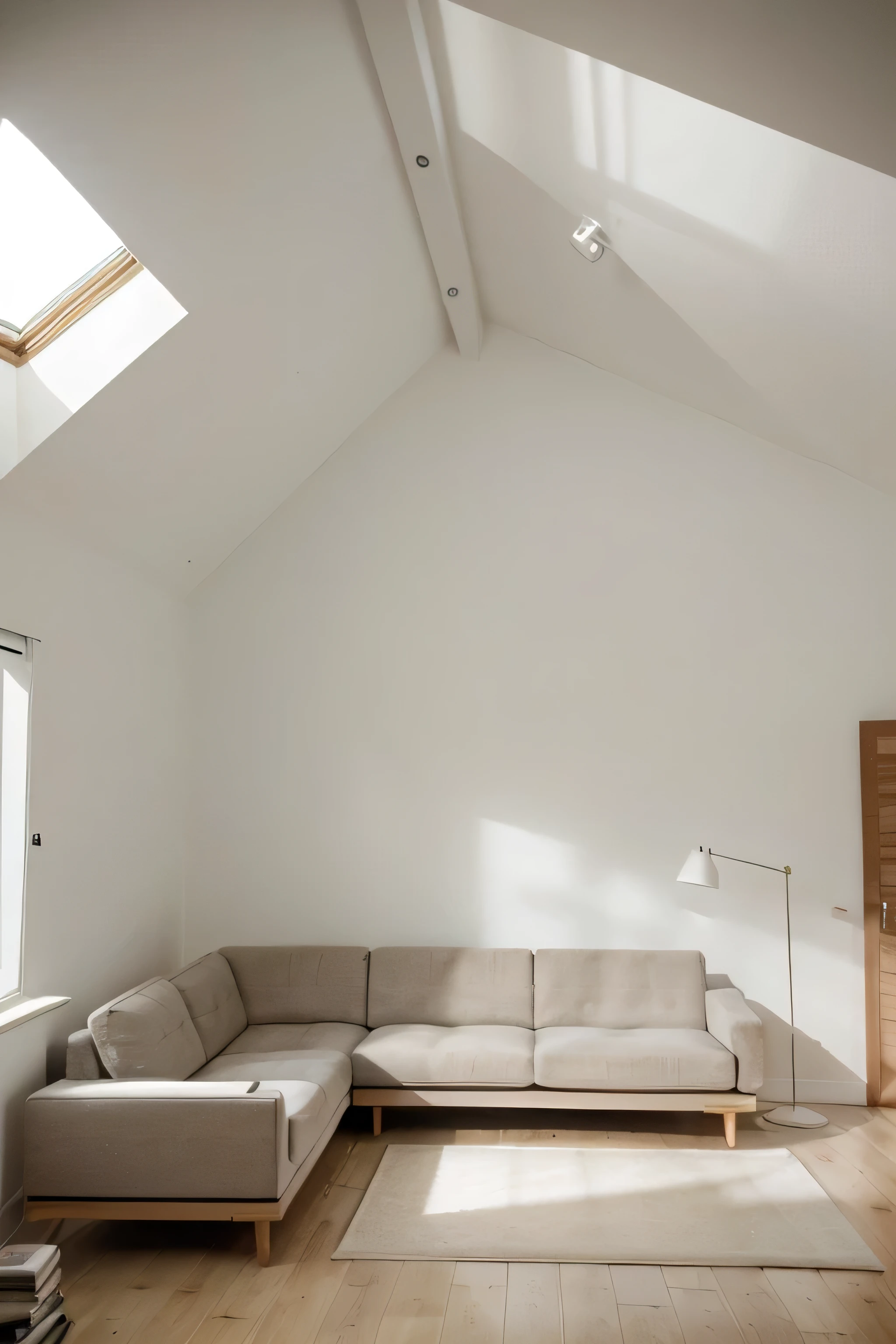 A elegant living room with a blank frame on the wall, litted by a yelowish light from a spot in the roof. Minimalist furniture by the sides of image.
