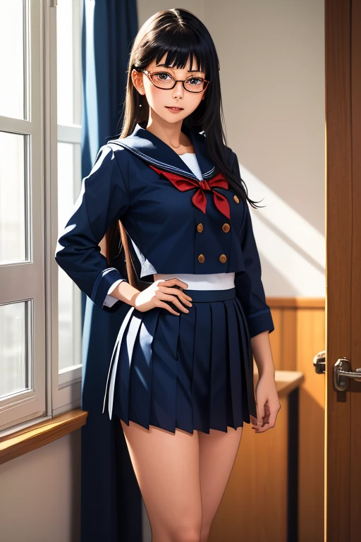 (masterpiece, highest quality), One Girl,  Satou, Satou, Glasses, 赤いフレームのGlasses, Navy blue sailor suit, Satou, Glasses, 赤いフレームのGlasses, Navy blue pleated skirt,