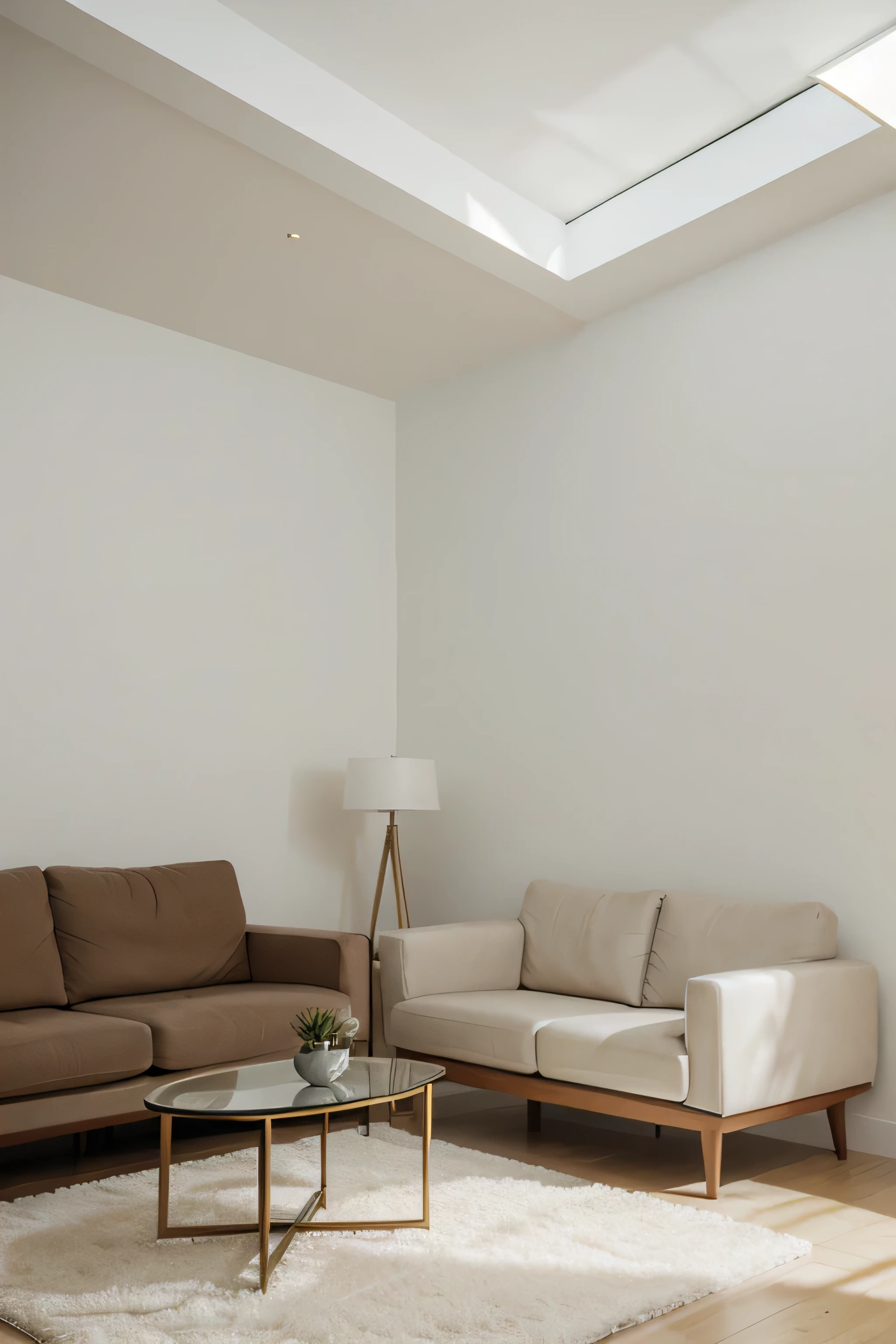A elegant living room with a blank frame on the wall, litted by a yelowish light from a spot in the roof. Minimalist furniture by the sides of image.