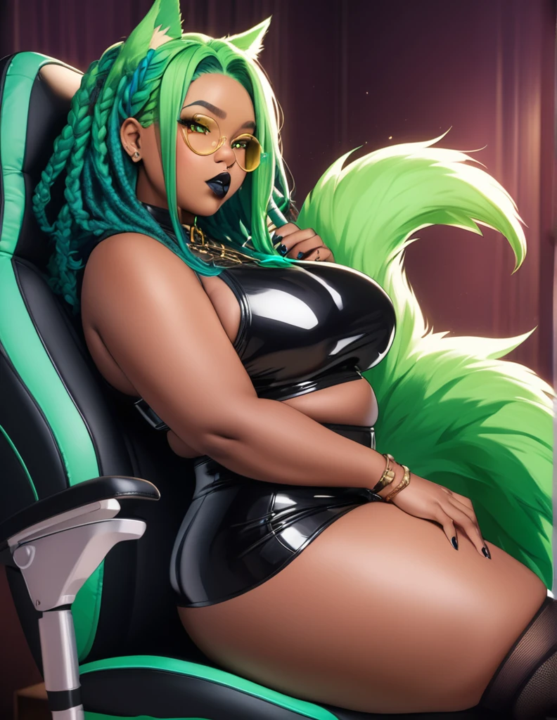 dark skin, brown skin, black femboy, dark skinned femboy, ebony skin, green buns hair, he has green space dreadlocks, green dreadlocks, gold circle glasses, gold glasses, sexy cropped hoodie outfit, goth outfit, plus sized, he is plus sized, thick, curvy, fat, he is fat, curvy, brown skin, big butt, huge butt, thigh high socks, pouting, hazel eyes, dark bedroom background, round face, thigh high socks, big ass, best quality, gothic room background, green wolf ears, green wolf tail, he has wolf ears, ahaego face, aheago face, moaning, close up, black lipstick, sitting on kawaii gaming chair, best quality, highest quality, ultra quality