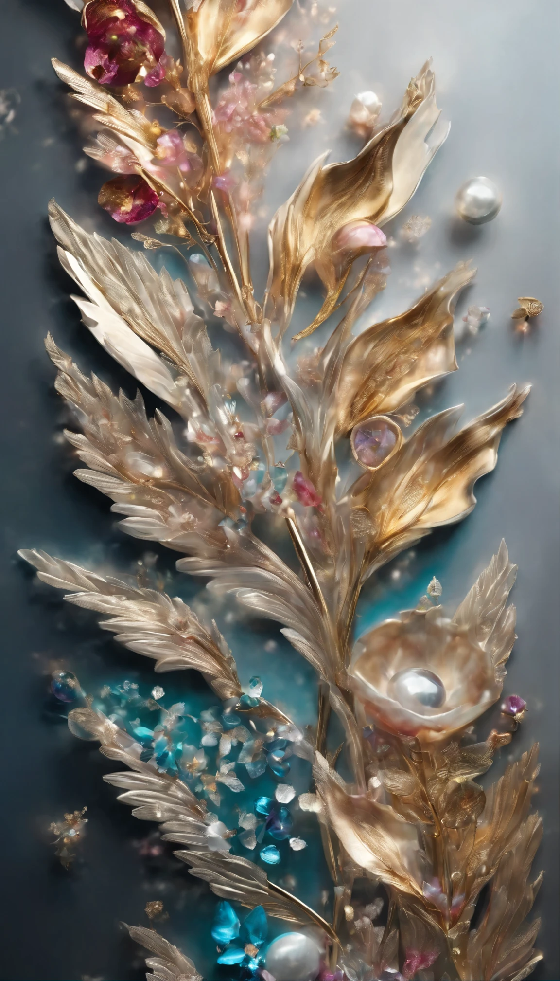 All expressed with colorfull jewels, the arrival of spring, various beautiful flowers, angles looking up from below, various jewels falling from the sky, wonderful and beautiful superb view, slightly hazy, fantastic, high resolution, 8K, (best quality, highres, realistic:1.37), shiny metallic flowers, intricate and delicate petals, reflective surfaces, vibrant colors, intricate details, close-up view, surreal garden, surreal beauty, dreamy atmosphere, fine art, abstract botanicals, metallic sculpture, contrasting textures, ethereal glow