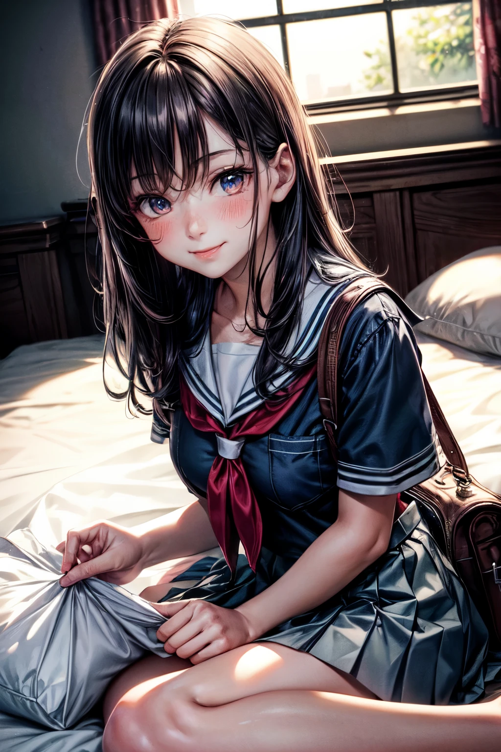 very cute and beautiful girl,(highly detailed beautiful face and eyes), (seductive smile:1.2),blush,embarrassed,looking at viewer,black hair,serafuku,short sleeve,pleated navyblue mini skirt, lying on bed sheet,arms behind back,school bag,pouch,antique hotel bedroom,window,distant town view, (best quality,masterpiece:1.0),absurdres,highres,ultra-detailed,extremely detailed,32k,8k resolution, intricate details,cinematic scene,detailed background,solo,dynamic angle, perfect hands,