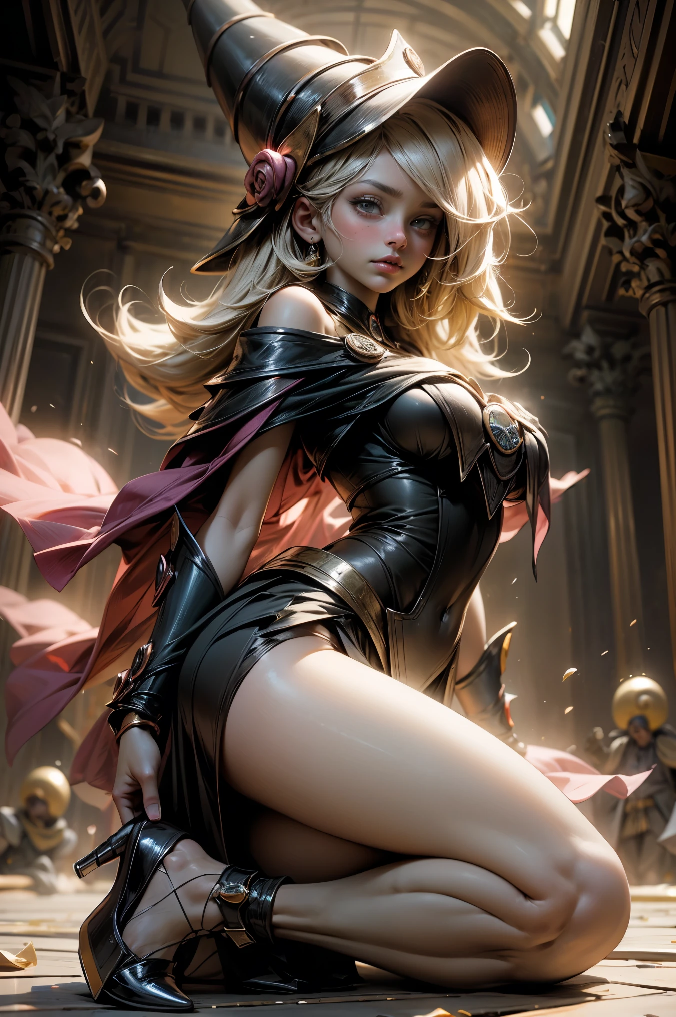 (obra maestra:1.2), (La mejor calidad:1.2), Perfect lighting, Chica Maga Oscura lanzando un hechizo, en batalla. flotando en el aire, tetas medianas visibles, escote transparente, bata azul, sombrero grande, desde arriba, Destellos, Yugioh juego, The magic of the heart. LIGHTS OF THE HEART, Romantic heart. Ella usa tacones dorados. En tacones. Tacones 