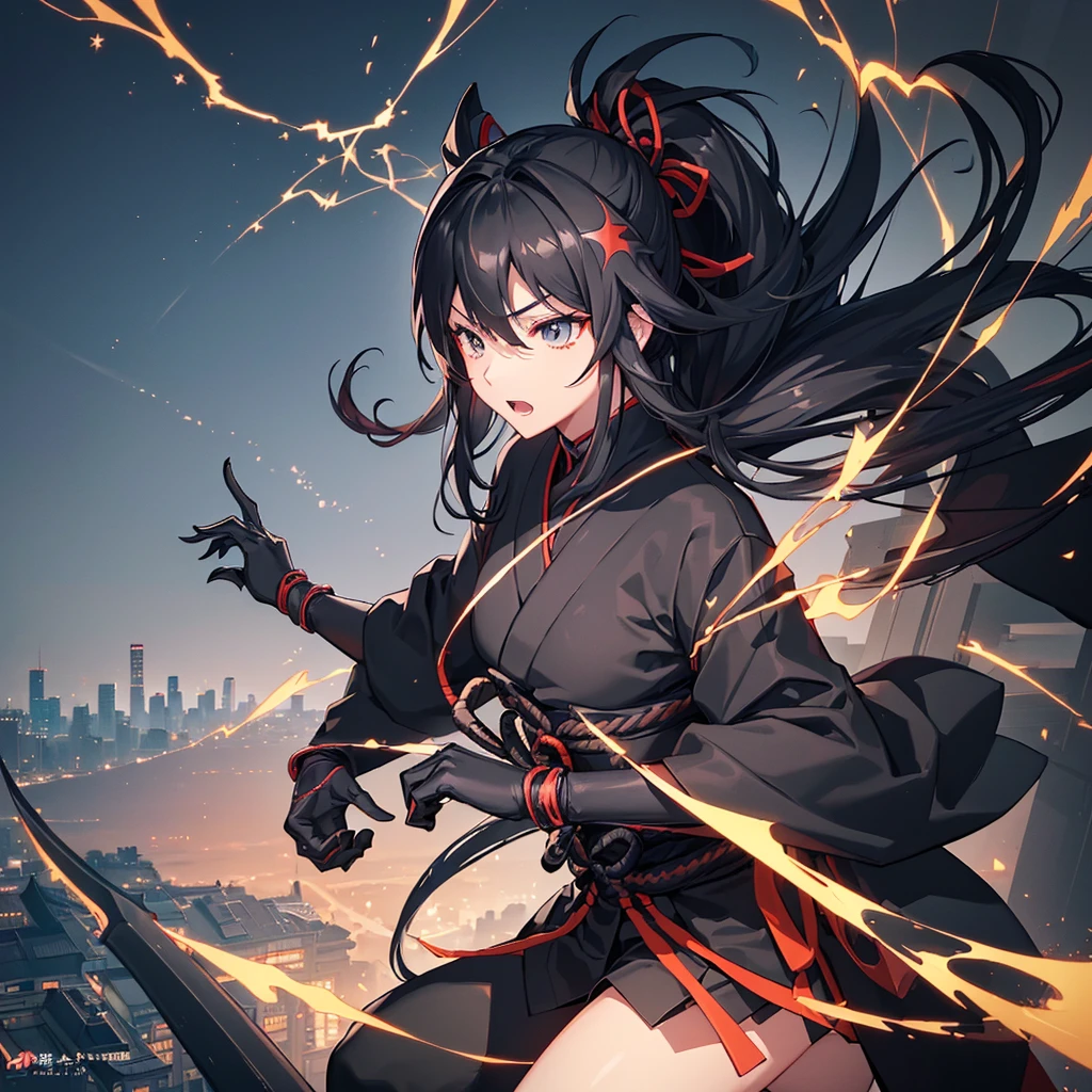 ((blackい髪　Long Hair　Ninja　black　Kunoichi　blackいオーラ))　((Murderous intent　night　Overlooking the city　Japanese style))　(Dance　short sword　Shuriken)　moon　star　Jump　Aerial