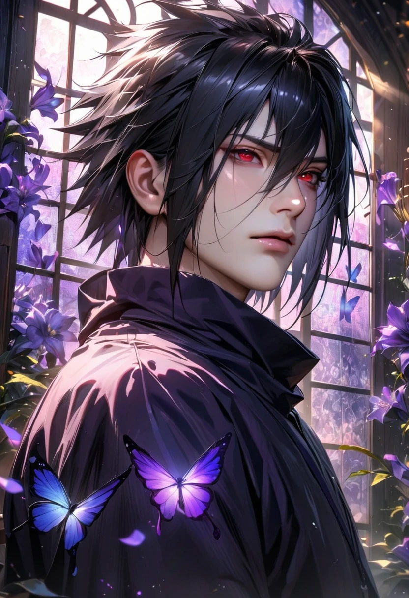 absurdres, highres, ultra detailed, HDR, master piece, best quality, realistic face, Uchiha Sasuke, black hair, hair between the eyes, expressive red eyes, Naruto Shippuden, solo, man, handsome, glass stained window, purple shining butterflies, purple lilies, purple petals