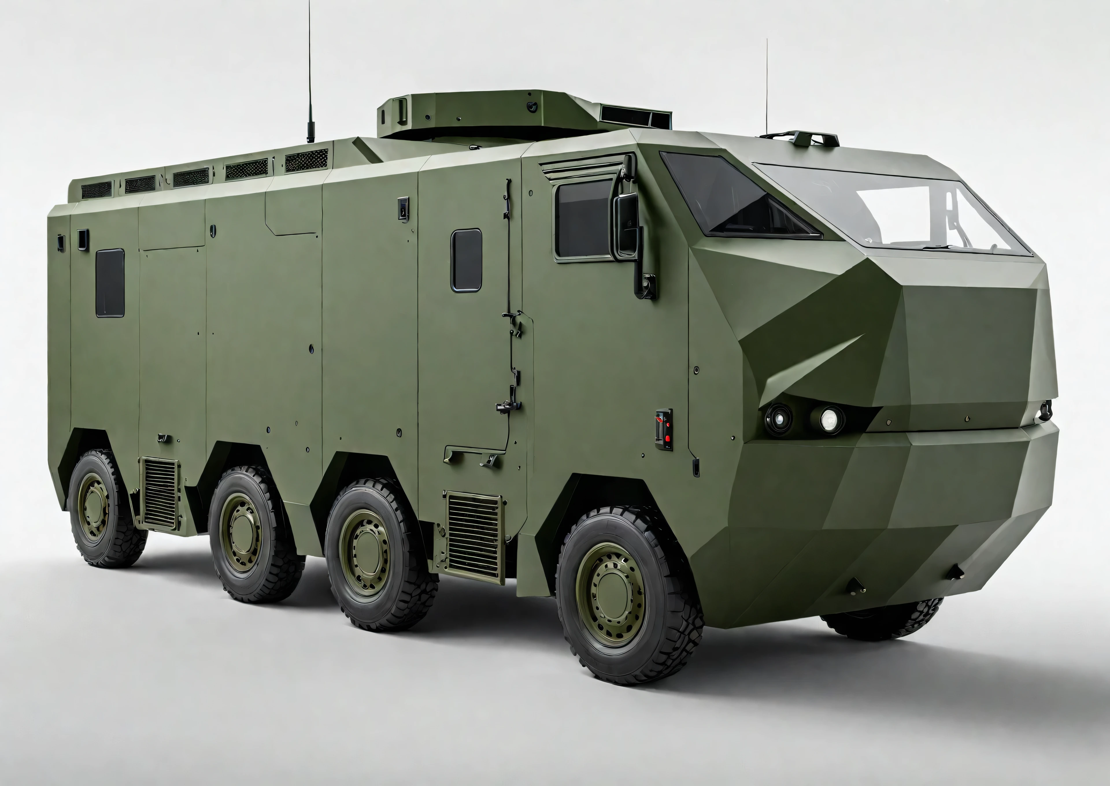 Military green armored vehicle close-up, Industrial design concept product, Behance style, Minimalism, Realistic rendering, White background,  High-resolution rendering, Industrial design concept, 2 0 1 8, Front view, 2018, Cockpit, High-resolution scanning, High-resolution scanning