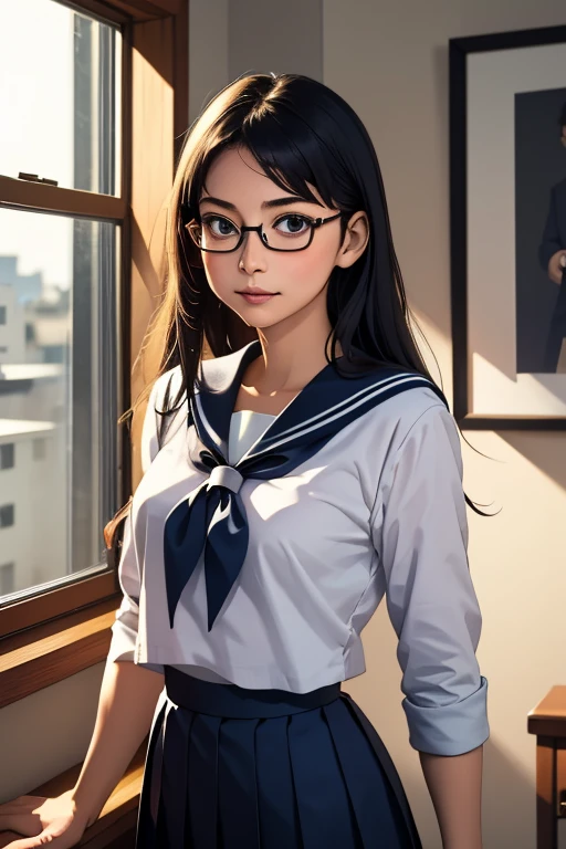 (masterpiece, highest quality), One Girl,  Satou, Satou, Glasses, 赤いフレームのGlasses, Navy blue sailor suit, Satou, Glasses, 赤いフレームのGlasses, Navy blue pleated skirt,