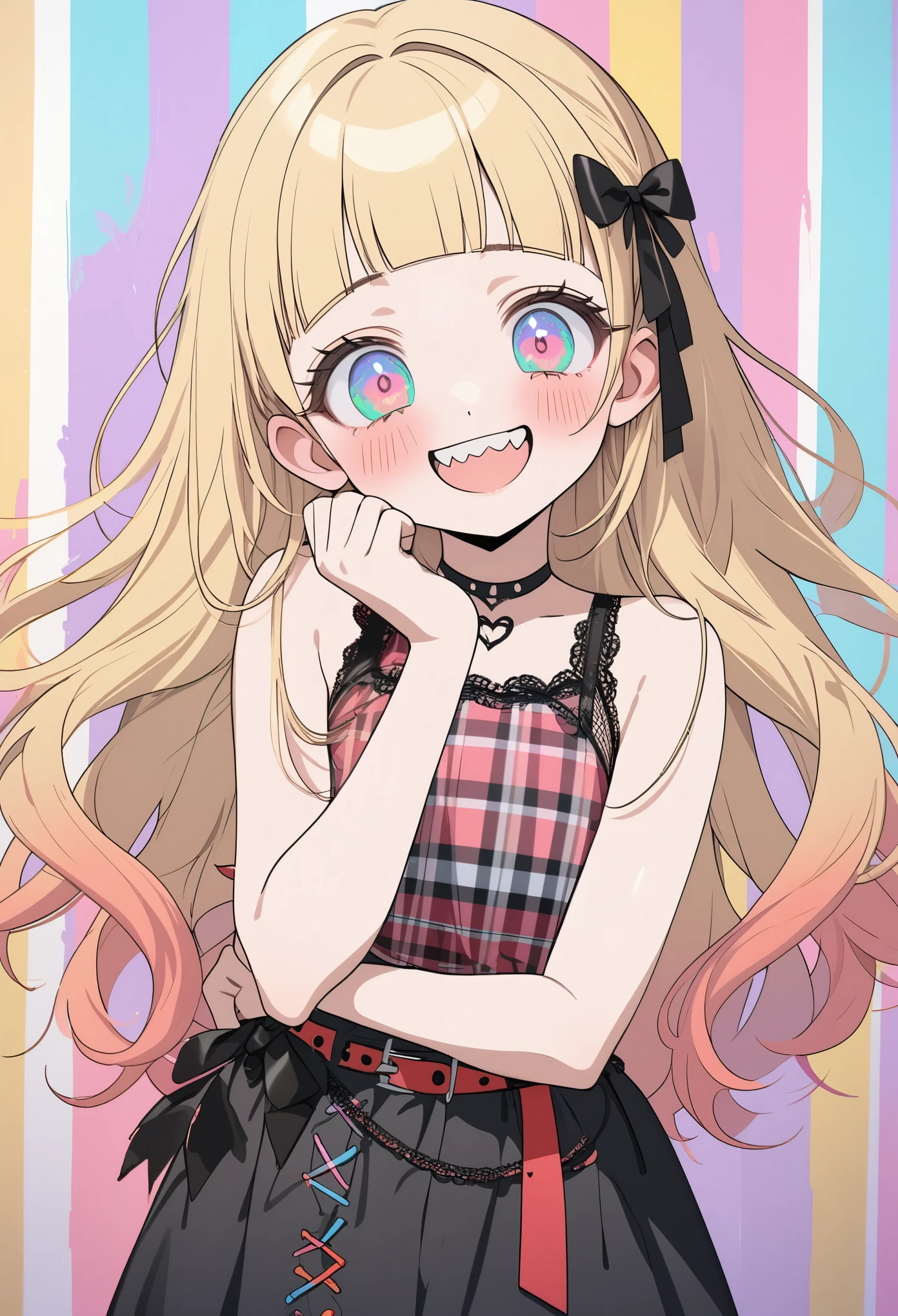 ((Masterpiece)), ((best quality)), (cowboy shot), (Rough sketch:1.4), (High Definition:1.3), (Professional Photography:1.3), (()), (❤️🖤💗💔), cute young Girl, Glossy unruly hair, (loose blunt bangs), blonde hair with red mesh, (red mesh hair), long hair, big eyes, (long eyelashes), ((jagged teeth)), colorful eyes, (Unfocused eyes), blush, ((sad smile)), open mouth, ribbon belt, joy, (cute Plaid tanktop), barearms, cute, ((🤘)), (colorful:1.3), gothic makeup, 👄,((against the Fancy pastel wall)), 8K, gothic artstyle,