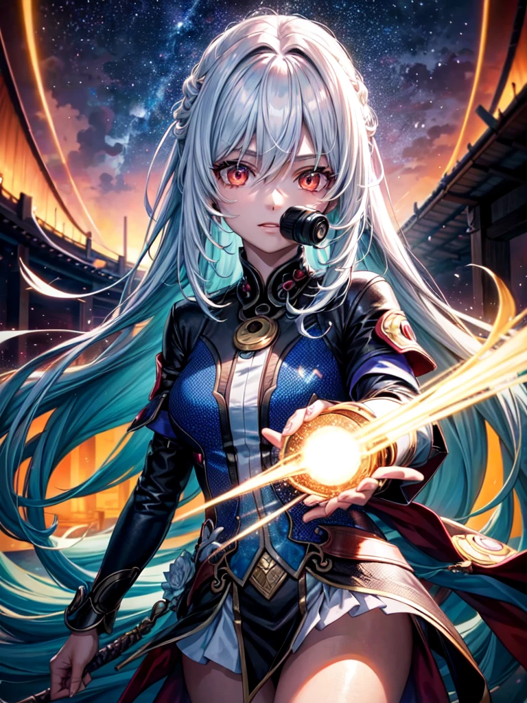 The image shows Nanashi Mumei alone at night in Venezuela, observing the famous phenomenon known as Catatumbo lightning in the distance. She is dressed in a tourist outfit and has a camera to capture the rather wonderful phenomenon. In the picture, lightning can be seen lighting up the night sky as she Nanashi Mumei watches in fascination. The environment is detailed with an impressive recreation of the nocturnal nature of the Zulia state. Everything is animated and the quality is 16k which makes for a stunning and vibrant image.