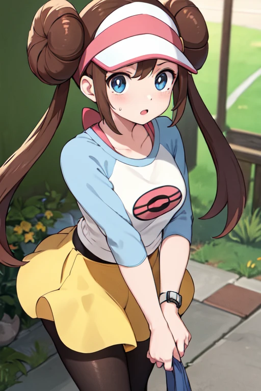 masterpiece, best quality, highres, ro1, hair bun, blue eyes, twintails, visor cap, pantyhose, raglan sleeves, yellow shorts, shirt, pink bow, wristwatch, standing, leaning forward, porn,zmbie,green skin,red eye,not ware,not cloth,perspective from below,Lie,open,tear porn,pokemon