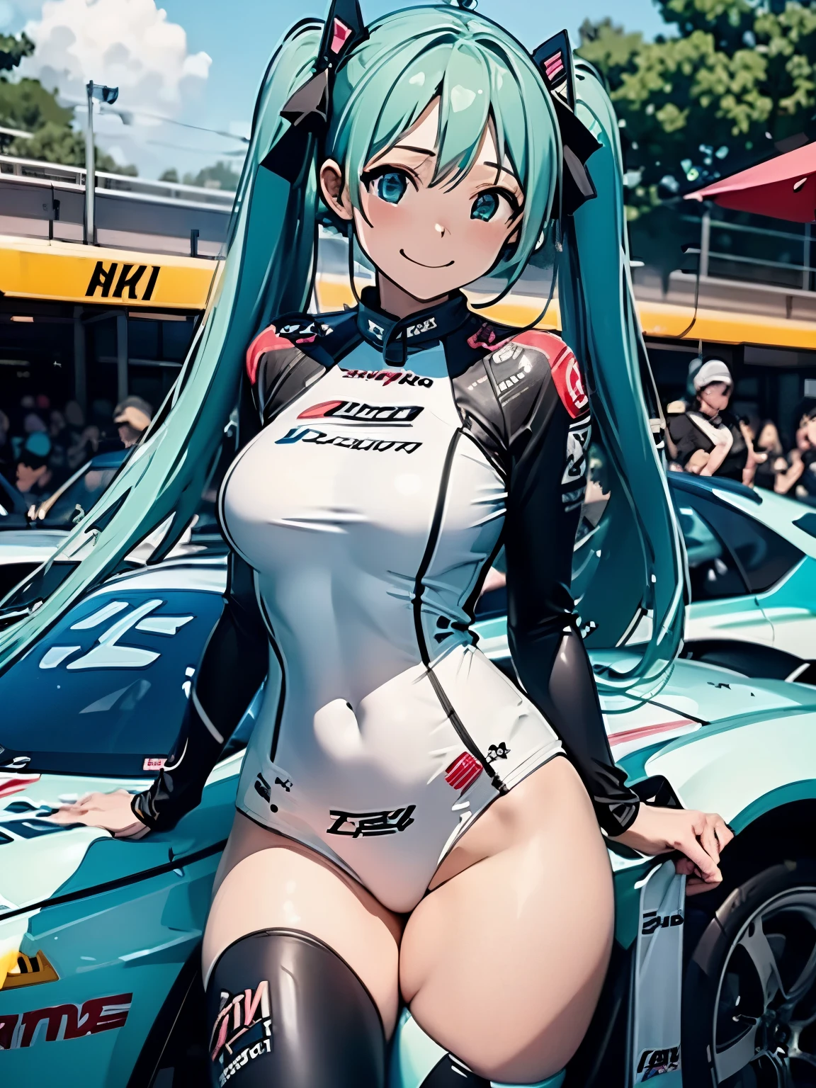 (masterpiece、highest quality、highest quality、Official Art、Beautiful and beautiful:1.2)、(One girl:1.3)Hatsune Miku、Twin tails,Big Breasts,highest quality,High resolution),Tess Durrett,pole position,Holding a racing helmet,Standing in a race car,smile,Anime Style,Bright colors,Dynamic Lighting,Glossy finish,Cheerful pose,Attention to detail,Sparkling eyes,long flowing hair,Wear a racing suit,Checkered flag pattern on car,Exciting atmosphere,Vivid expression