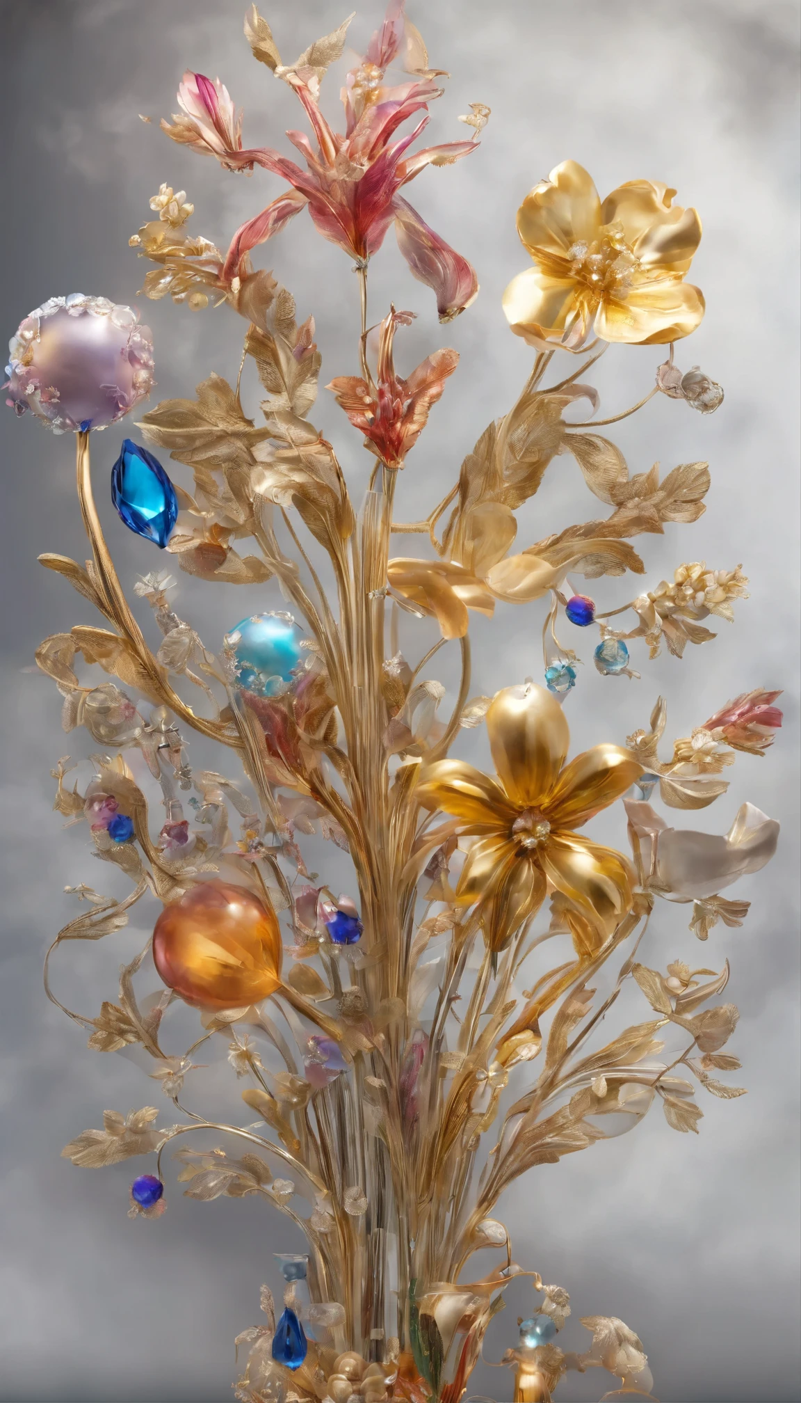 All expressed with colorfull jewels, the arrival of spring, various beautiful balloonflower made of jewels, angles looking up from below, various jewels falling from the sky, wonderful and beautiful superb view, slightly hazy, fantastic, high resolution, 8K, (best quality, highres, realistic:1.37), shiny metallic flowers, intricate and delicate petals, reflective surfaces, vibrant colors, intricate details, close-up view, surreal garden, surreal beauty, dreamy atmosphere, fine art, abstract botanicals, metallic sculpture, contrasting textures, ethereal glow