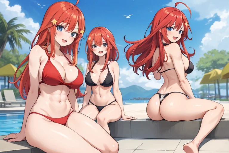 2d, masterpiece, best quality, anime, highly detailed, 5 girl, photo of 5 girl, quintuplets, identical sisters, nakano itsuki, red hair, long hair, star hair ornament, ahoge, large breasts, sitting cross-legged, red bikini, outdoors, smile, sexy body, perfect body, abs muscular, belly button, side breasts, back muscles, luxurious yacht, giant swimming pool, t-back thong, happy, open mouth,