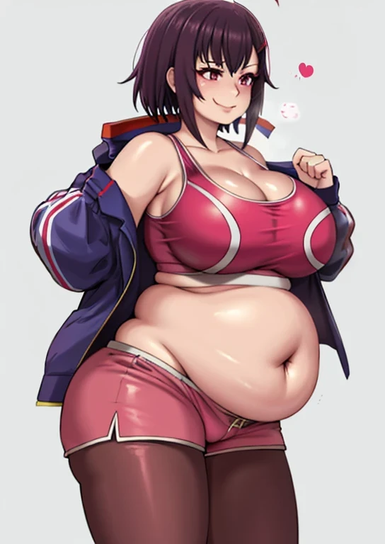 art by kipteitei, Shizuka mikazuki, hairclip, pink sports bra, pink shorts, short shorts, purple leggings, cleavage, obese body, round belly, intimate, looking to the right, smiling face, anime, hands behind body, no extra limbs, no extra fingers, 1girl, age 22