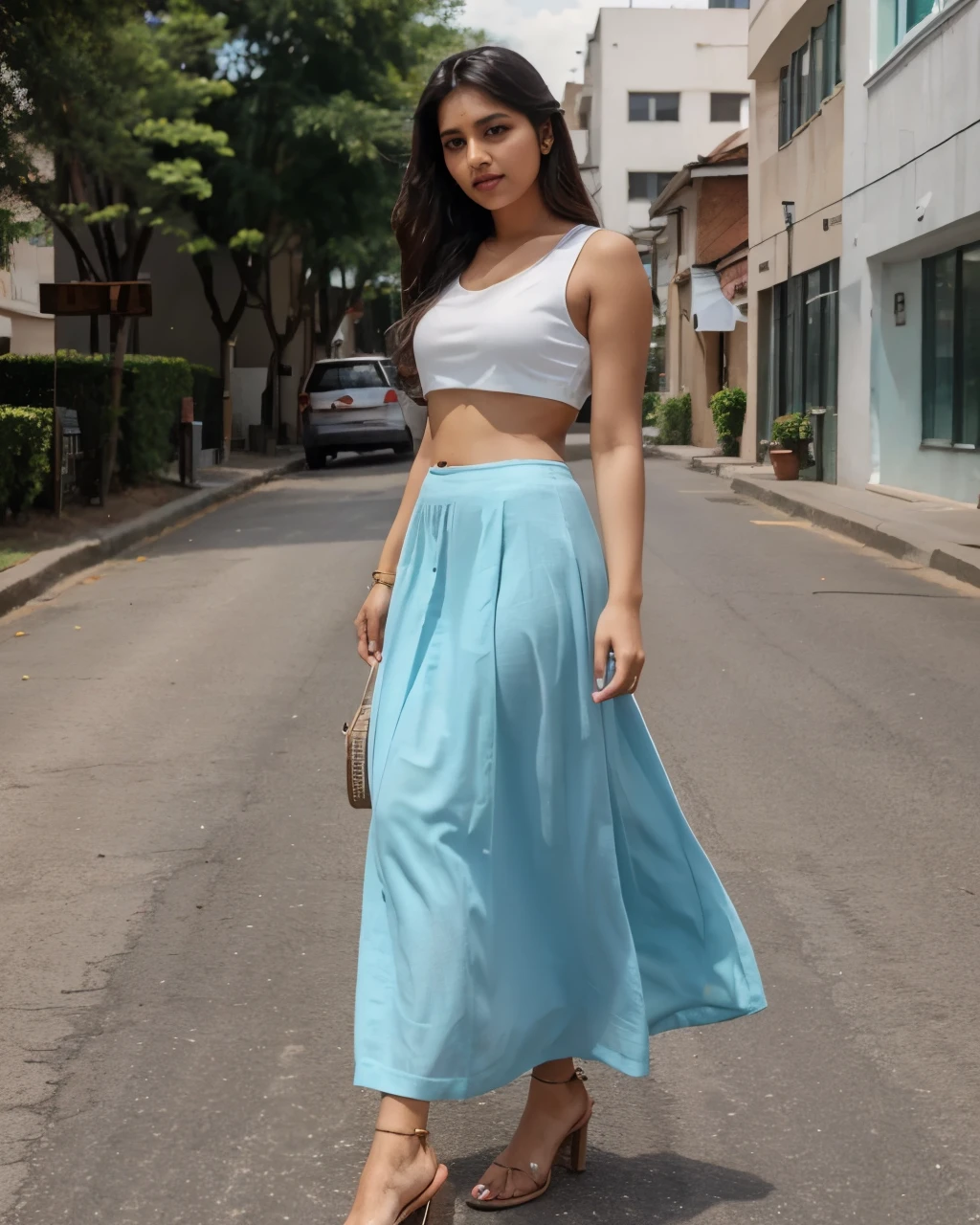 Tanvi in a trendy crop top with a high-waisted long skirt. Realistic, best quality image. 