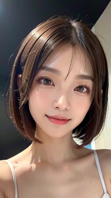 (((Close-up of face)))、(((Absolutely shoulder-length brown straight short bob)))、(((She is posing like a hair salon model, with a black wall indoors as the background.)))、(((business suit)))、Half Japanese, half Korean、18 year old girl、Standing Alone、Looking forward、Light eye makeup、Brown Hair Color、Flat and 、Hair blowing in the wind、Actress Quality、Glossy, ultra-realistic face、Smiling face、Watery eyes、Gazing Up、Subtle lighting effects、 Ultra-Realistic Capture、Very detailed、High resolution 16K close up of human skin。Skin texture must be natural、The details must be such that pores can be clearly seen、The skin is healthy、Uniform tone、Use natural light and colors、A worn-out, high-quality photo taken by a model agency&#39;s in-house photographer.、smile、(((SIGMA 300 mm F/1.4,1/1000 sec shutter,ISO 400)))
