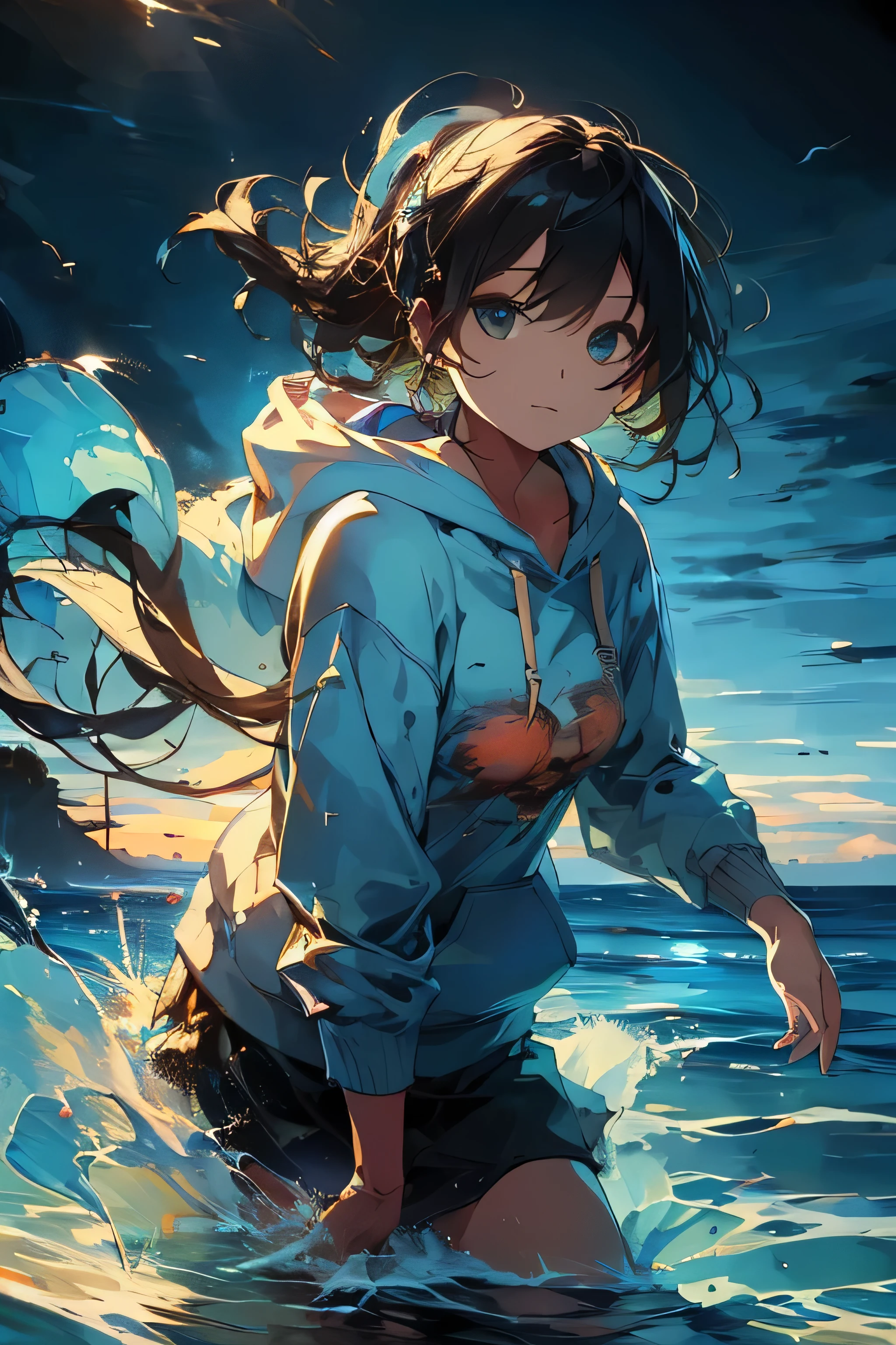 ((highest quality)), ((masterpiece)), (detailed), Perfect Face,Fair skin,Bob,hoodie,sea,Jellyfish