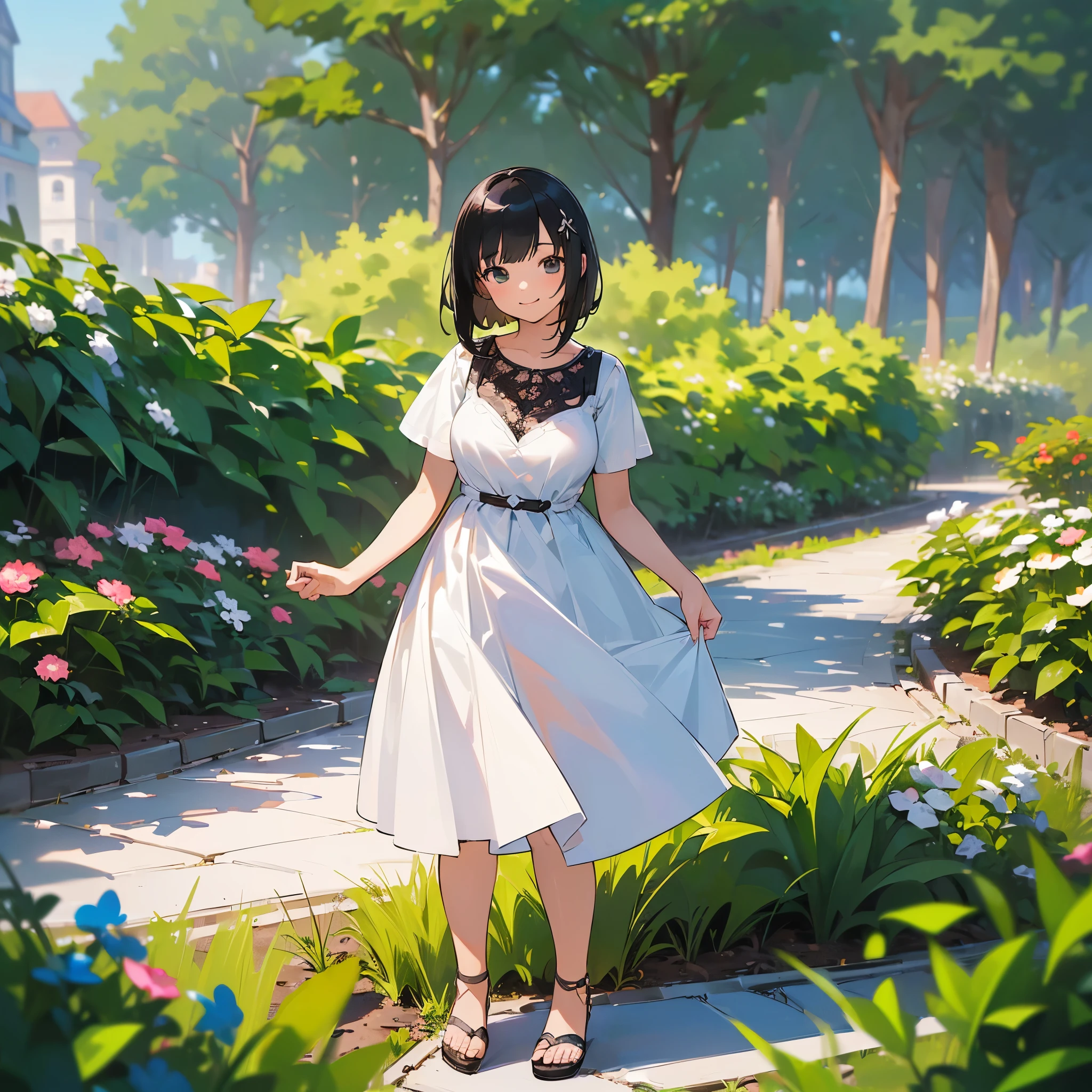 (high quality, High resolution, Very detailed, reality:1.37), Peaceful atmosphere, (Outdoor, garden),  girl standing alone, (my breasts are big.), Beautiful details, Cute Smile, (Black bob hair), White short-sleeved dress, Sandals.