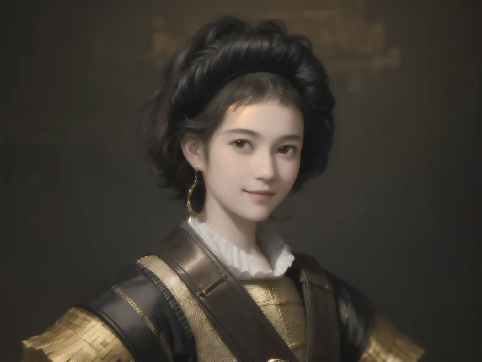 221 Short Hair, 20-year-old woman, A kind smile, (Luxurious stables), (Rembrandt-style painting), (Focus on the face, Written boundary depth)