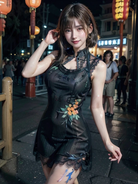 a woman posing on the street corner with light 、 highest quality, 1peopleの女の子, Large Breasts, Day, bright, Blur the background, Bokeh, Outdoor, (street:0.8), (people々, crowd:1), (lace trim dress:1.5, Sleeveless dress, Body Paint Chinese Dress :1.2, Transparent clothes: 1.5), nice, (short hair, amount:1.2), Beautifully detailed skies, Earrings, (Dynamic pose:1.2), (Upper Body:0.8), Soft lighting, Wind, Shiny skin, smile, The model is、green、orange、ピンクの鮮やかな花柄が施された透明感のあるビニール布地のように見えるBody Paint Chinese Dressを着ています、This dress fits her shape elegantly.、Accentuates realistic floral designs across her torso