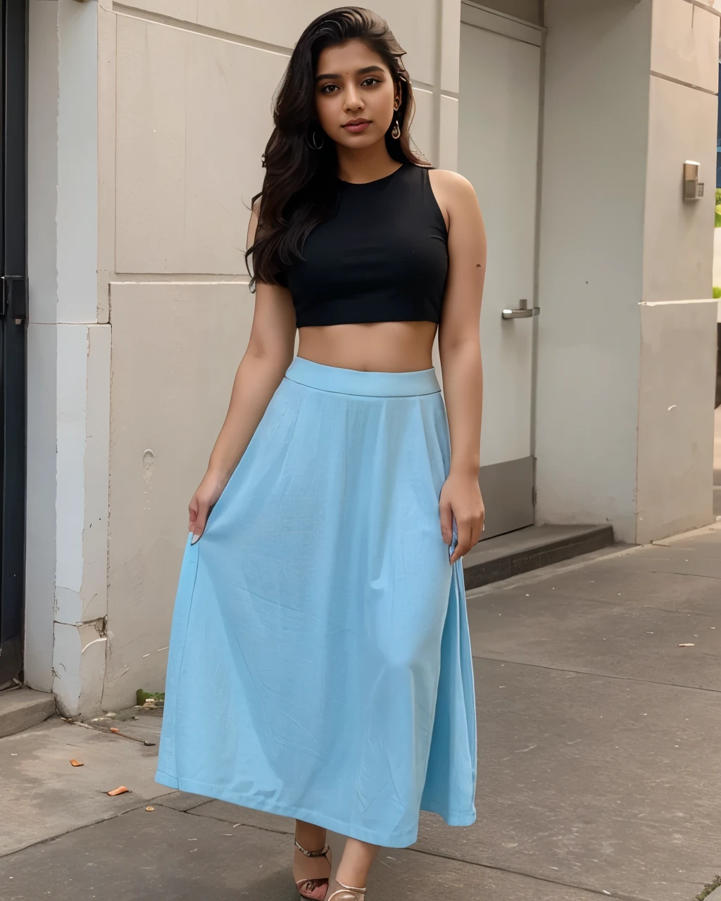 Tanvi in a trendy crop top with a high-waisted long skirt. Realistic, best quality image.