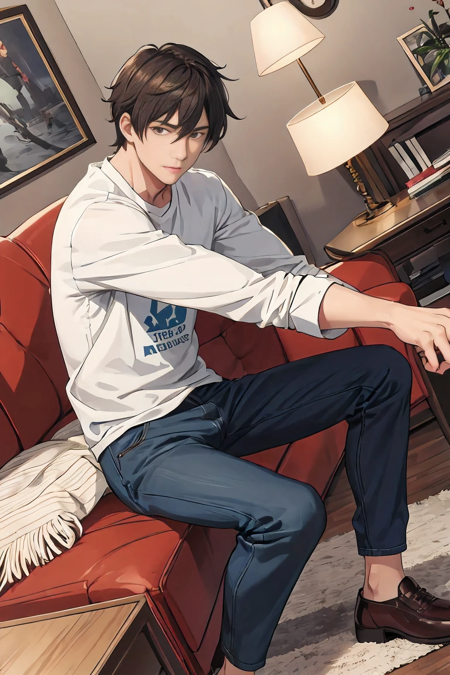 handsome men solo , Casual Clothing,dutch angle ,Living Room
