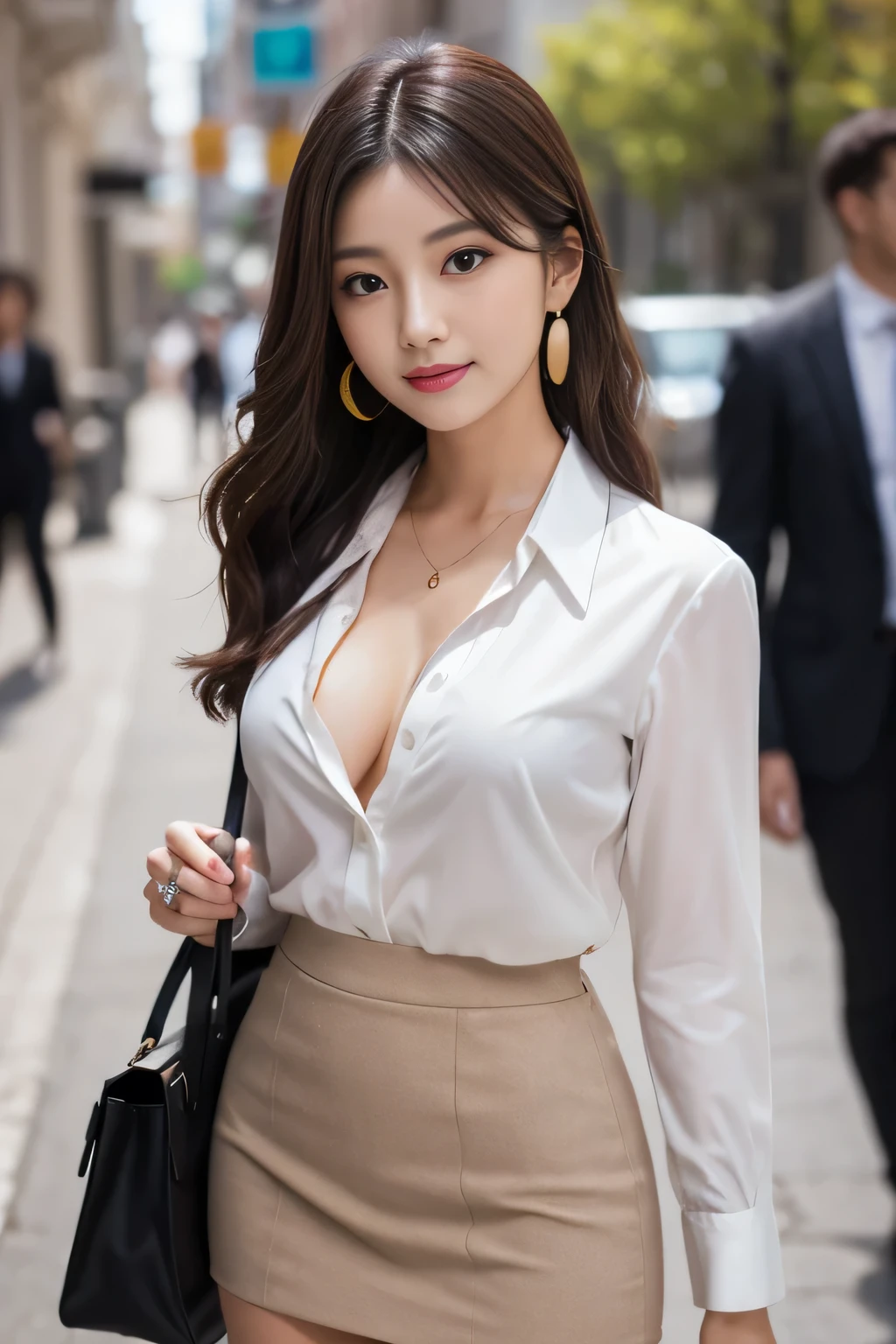 (1 female), beautiful, Great face and eyes, Compensate, (Very detailedbeautiful顔), Captivating smile, (highest quality:1.4), (Very detailed), (very detailed CG synthesis 8k wallpaper), Very detailed, RAW Photos, Professional photography, (Dark suit, White mini skirt:1.2), (A business shirt with a wide open chest), length, light brown, Messy Hair、Big earrings