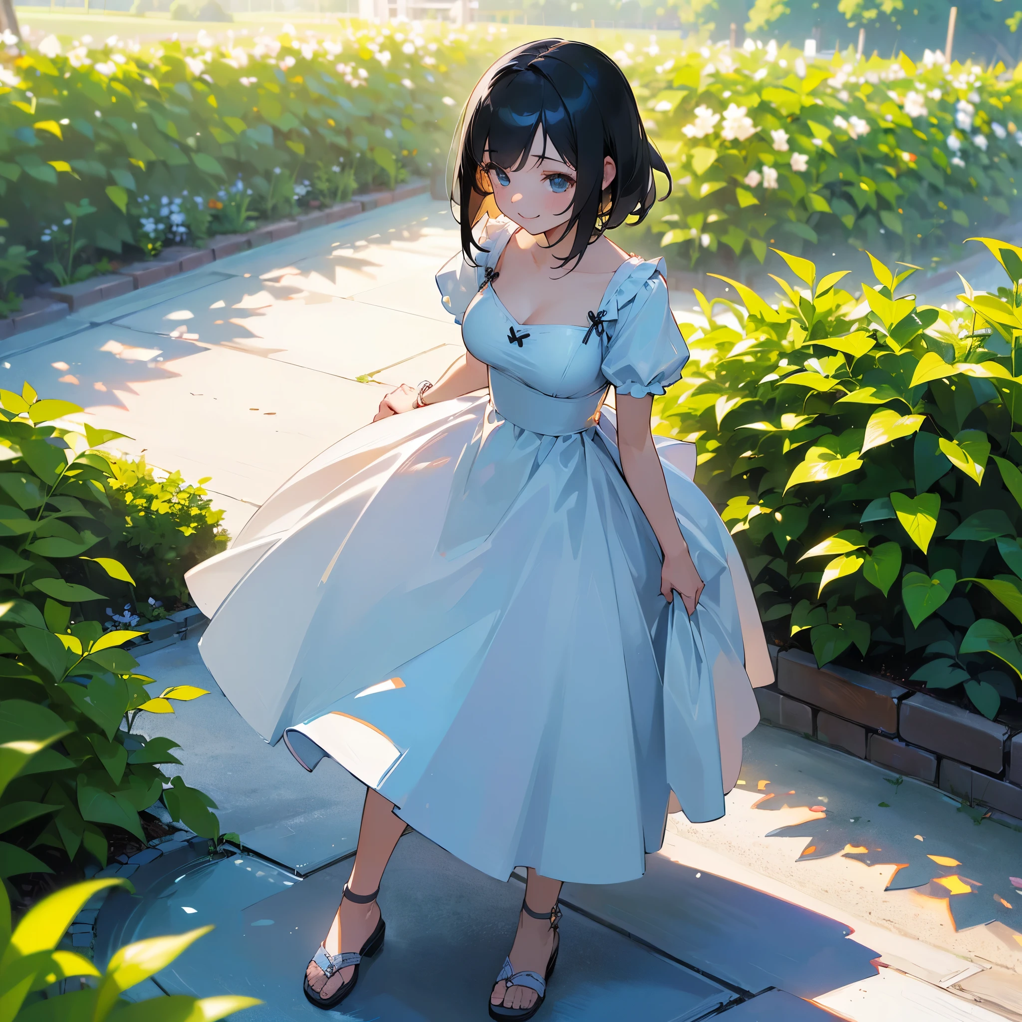 (high quality, High resolution, Very detailed, reality:1.37), Peaceful atmosphere, (Outdoor, garden), Teenage girl standing alone, (my breasts are big.), Beautiful details, Cute Smile, (Black bob hair), White short-sleeved dress, Sandals.