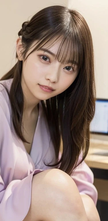 masterpiece、highest quality、8k,Ultra-high resolution、RAW Photos、Ultra-high resolution、日本people、beautiful girl、1people、woman, (Braided top knot,Twisted Side Part Ponytail Braided Headband,Half Up、Braided Space Van,Voluminous fishtail braid,Twisted pan),(Asymmetrical bangs)、 (Ultra-realistic),Round face、 Fine and beautiful eyes、double eyelid、Thin eyebrows、(eye shadow(Shrimp brown))、Rich dreamy make-up、Thin lips, (Loose fitting blouse)、 (Micro Mini Skirt(light lavender color))、A kind smile, Professional photography, Cinematic Light, (Very beautiful face: 1.2),(Large Breasts:1.2)、Saggy breasts、Cleavage、Exposed thighs、Voluptuous thighs、Smooth calves、、daytime office、In front of the computer、sitting in an office chair、Head to knee photo