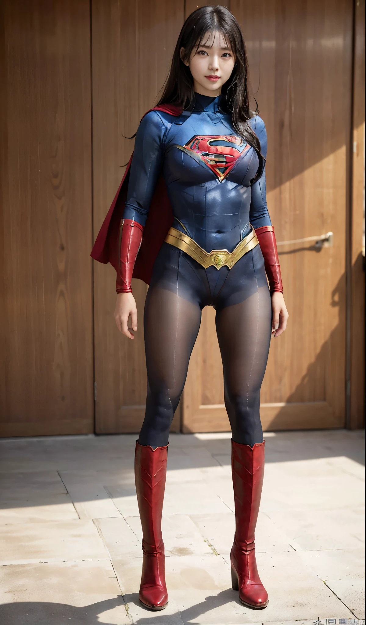 No background、(((Beautiful legs in black tights.)))、(((Legally express the beauty of your smile)))、((((Make the most of your original images)))、(((Supergirl Costume)))、(((Beautiful Hair)))、(((suffering)))、(((Please wear black tights....、Wear red boots)))、((Best image quality、8k))、((highest quality、8k、masterpiece:1.3))、(((Preserve background )))、Sharp focus:1.2、Beautiful woman with perfect figure:1.4、Slim Abs:1.2、Wet body:1.5、Highly detailed face and skin texture、8k